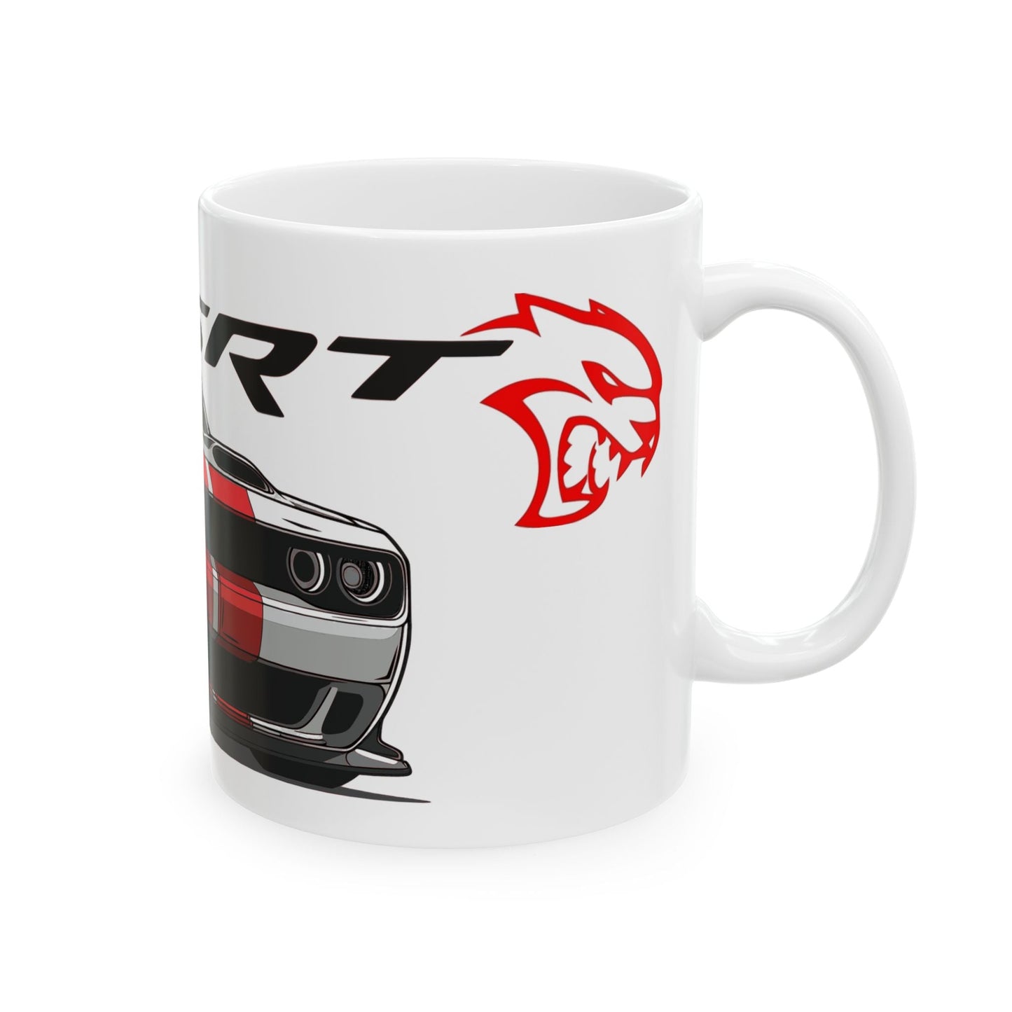 Right view of the 11oz White Coffee Mug with a Challenger SRT with the SRT emblem placed behind the car. 