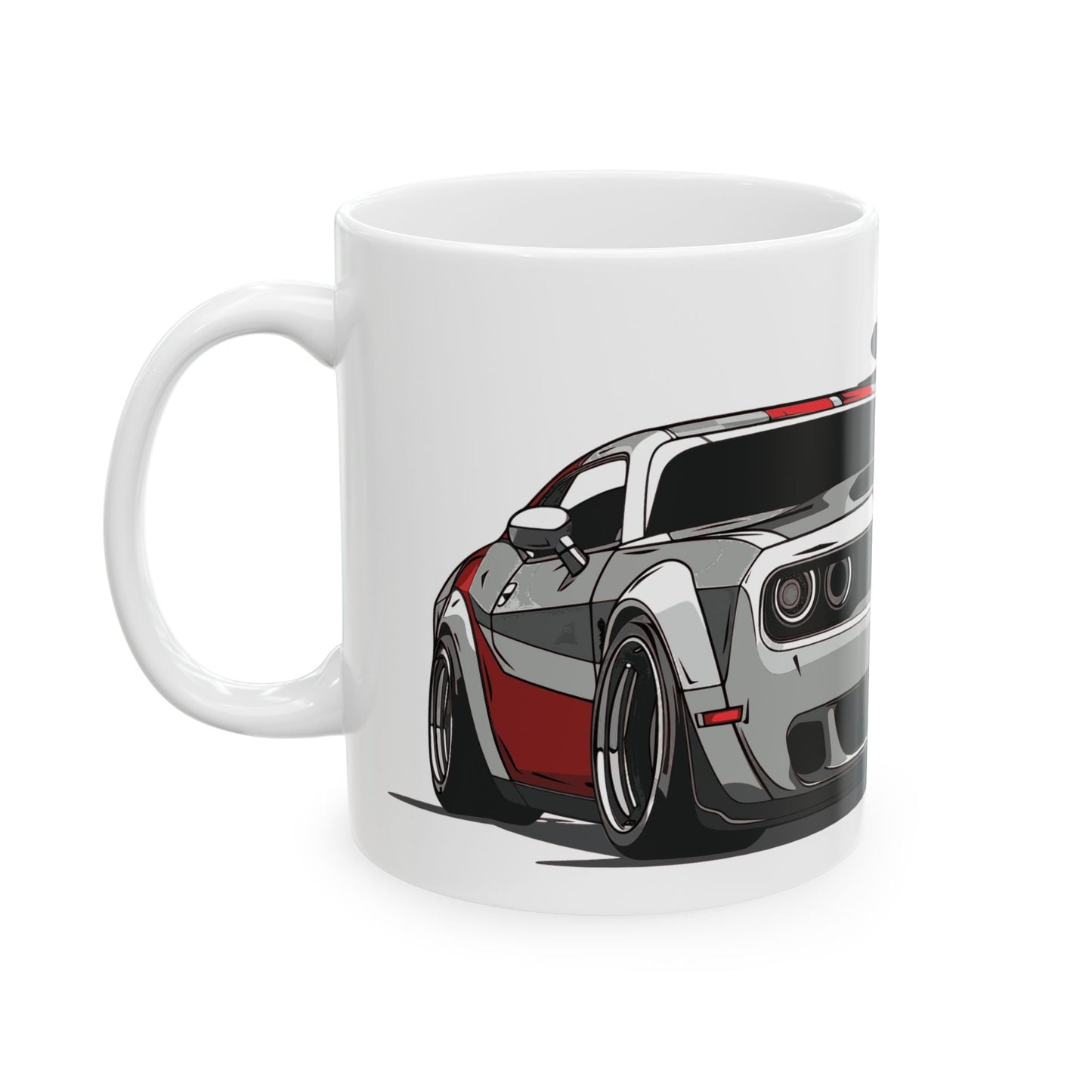 ChallengeLeft view of 11oz White Coffee Mug with a Challenger SRT with the SRT emblem placed behind the car.  r SRT Ceramic Coffee Mug - High Speed Design Co.