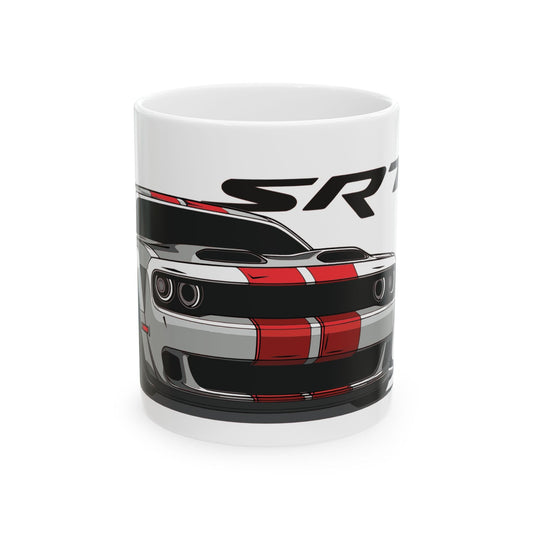 11oz White Coffee Mug with a Challenger SRT with the SRT emblem placed behind the car. 