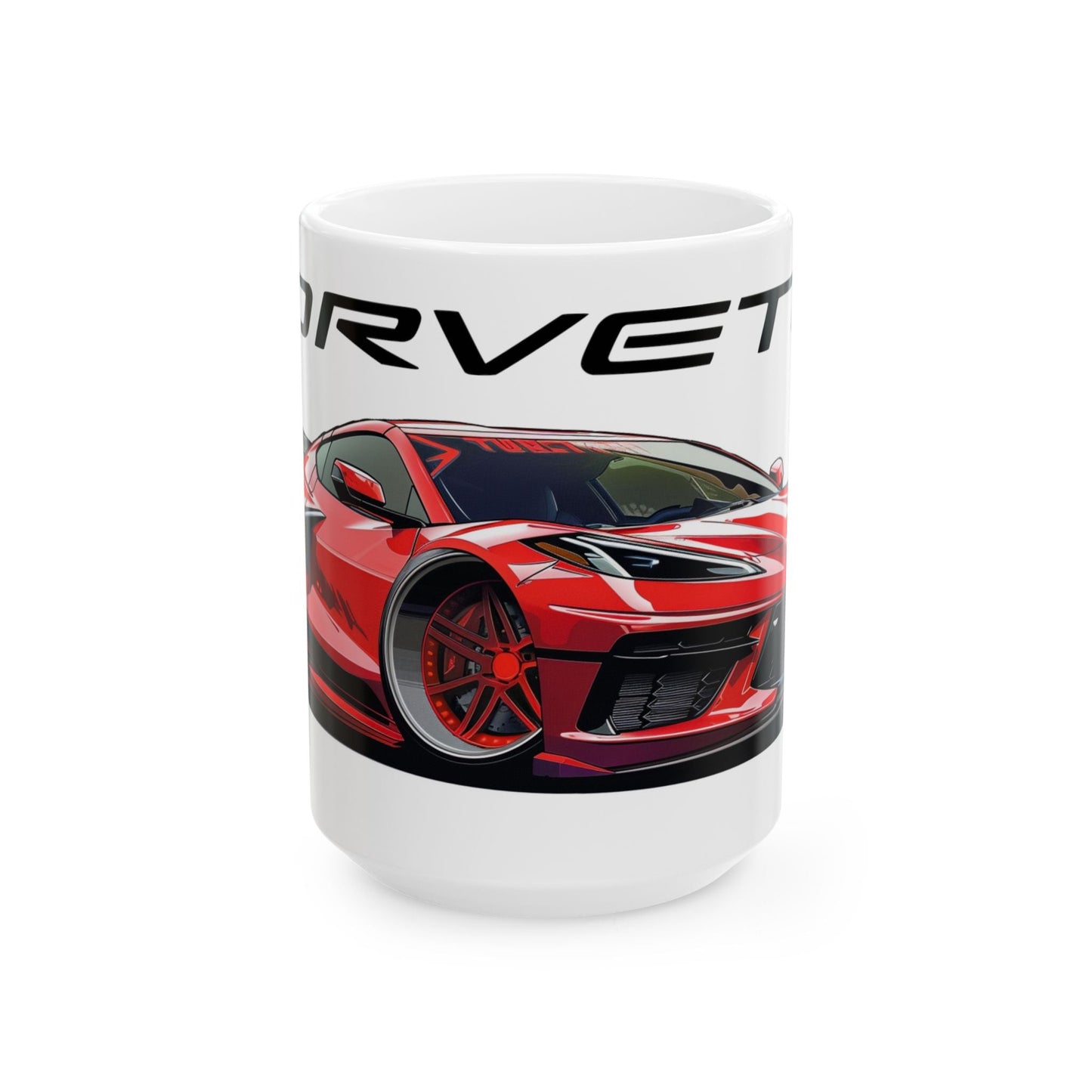 15oz White Coffee Mug with a Chevrolet Corvette C8 with the Corvette emblem placed above the car.   