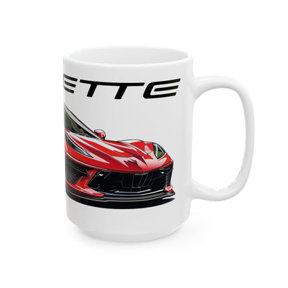 Right side view of the 15oz White Coffee Mug with a Chevrolet Corvette C8 with the Corvette emblem placed above the car. 