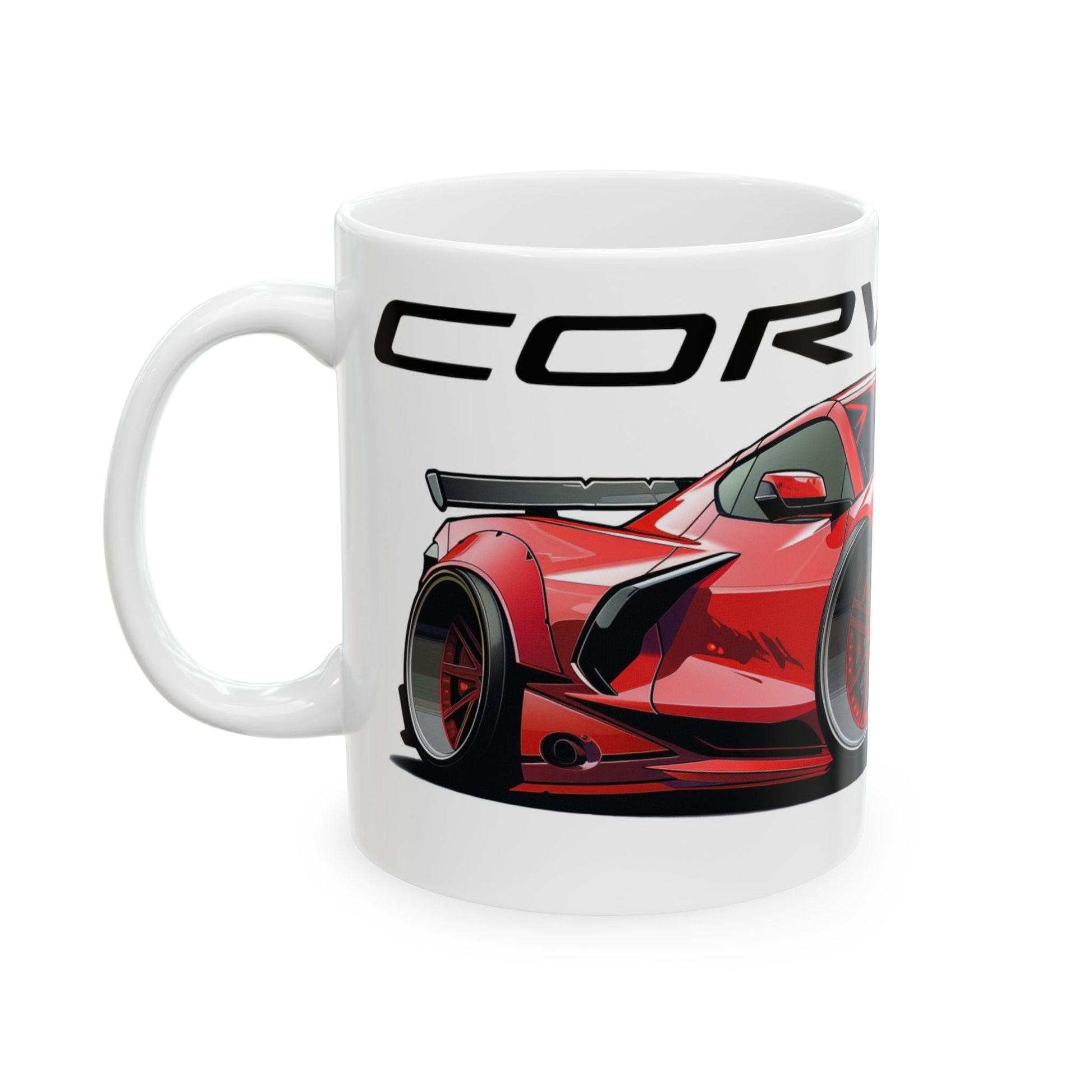 Left view of 11oz White Coffee Mug with a Chevrolet Corvette C8 with the Corvette emblem placed above the car.   