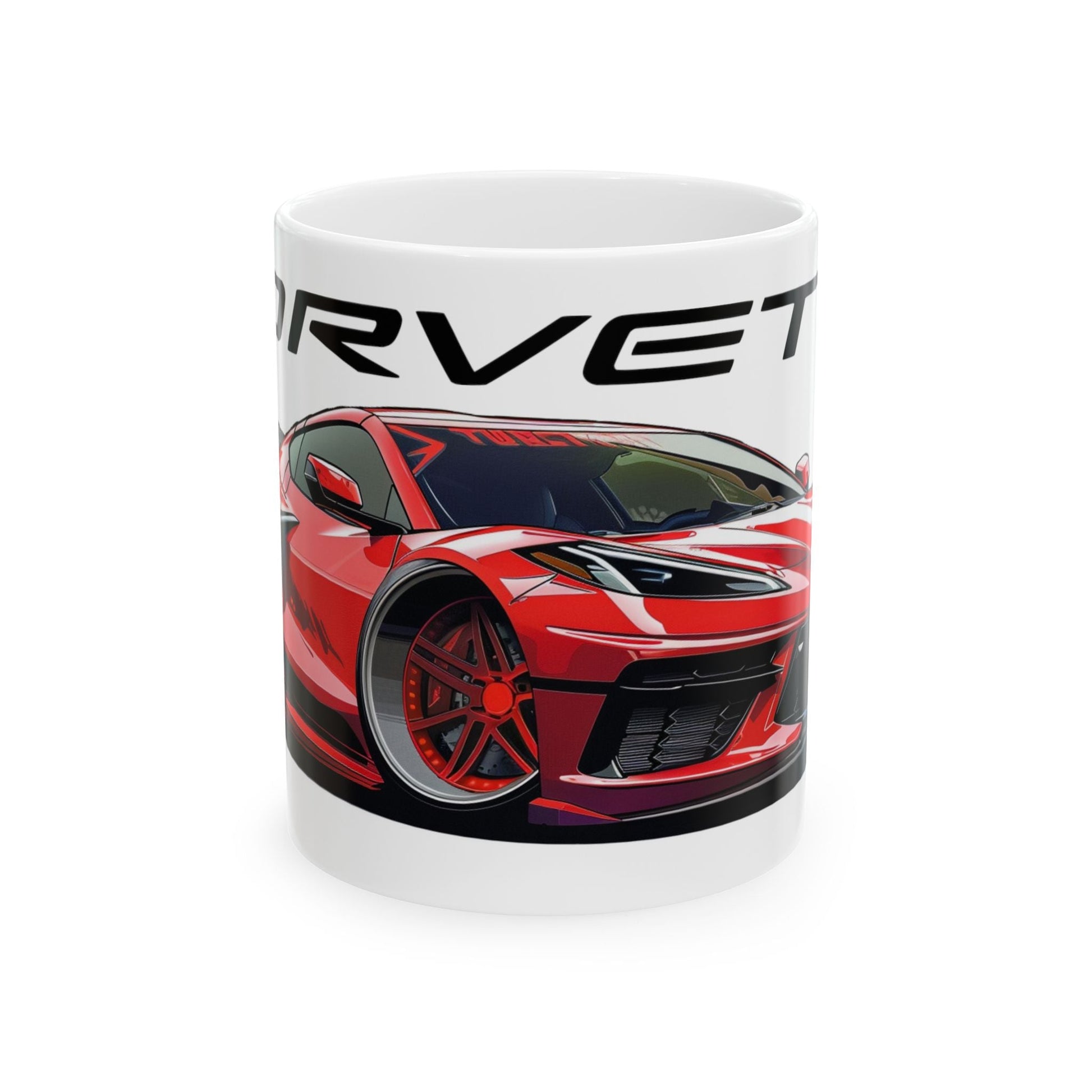 11oz White Coffee Mug with a Chevrolet Corvette C8 with the Corvette emblem placed above the car. 