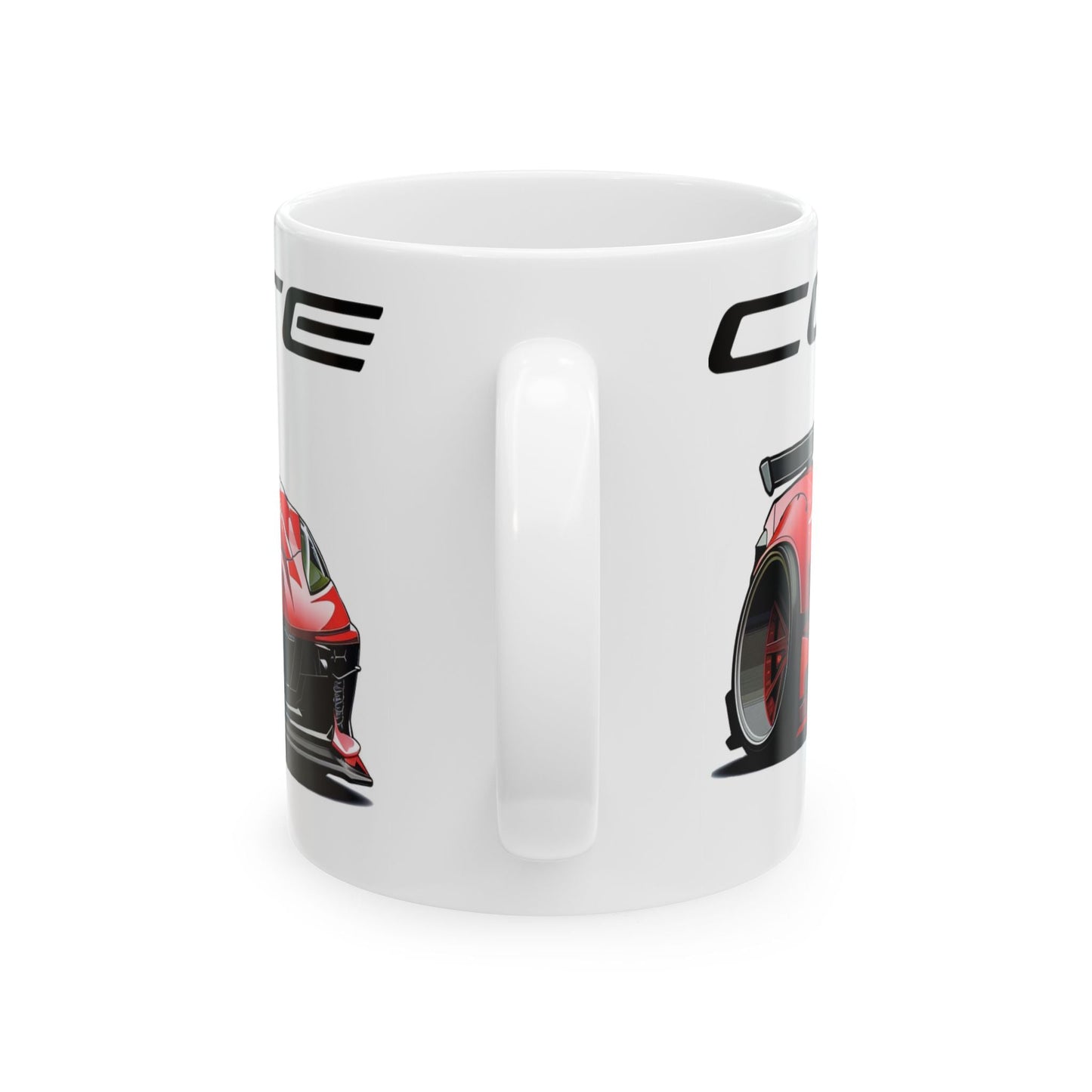 Mug handle view of 11oz White Coffee Mug with a Chevrolet Corvette C8 with the Corvette emblem placed above the car.  