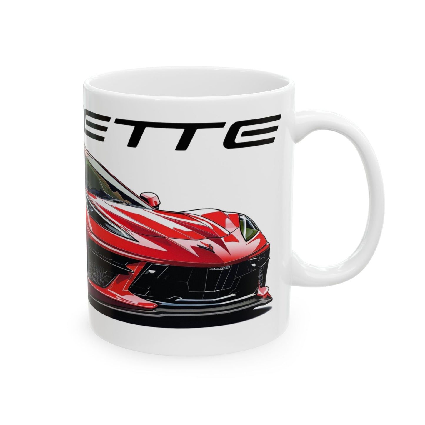 Right view of the 11oz White Coffee Mug with a Chevrolet Corvette C8 with the Corvette emblem placed above the car.  