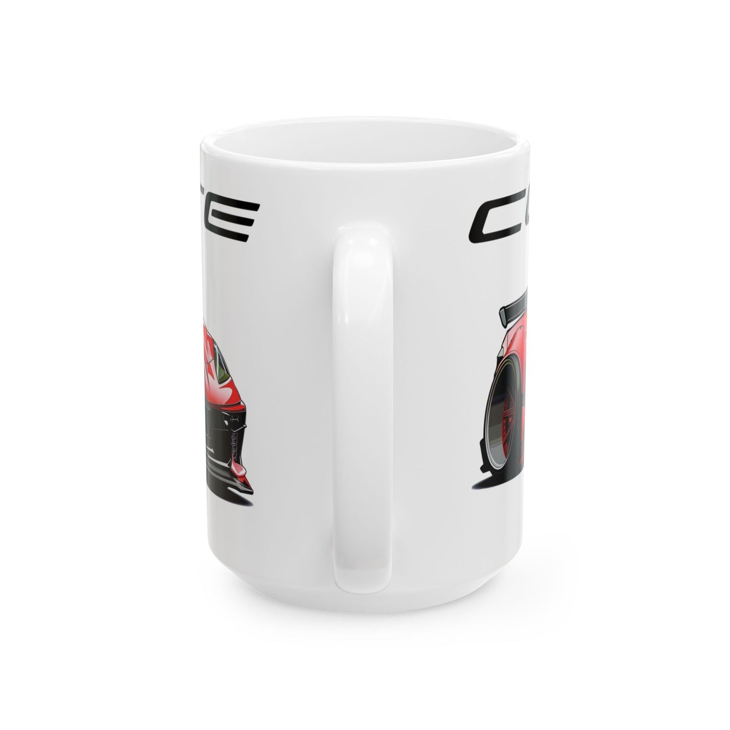 Mug handle view of 15oz White Coffee Mug with a Chevrolet Corvette C8 with the Corvette emblem placed above the car.  