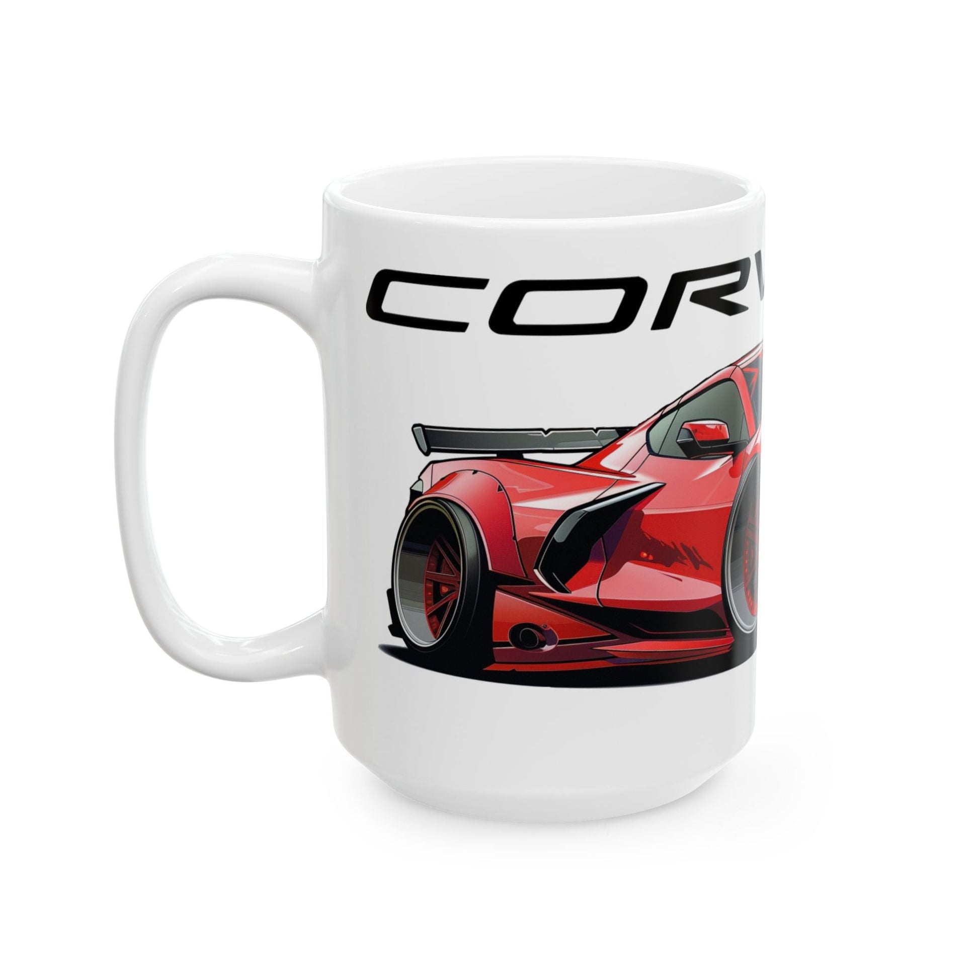 Left side view of the 15oz White Coffee Mug with a Chevrolet Corvette C8 with the Corvette emblem placed above the car. 