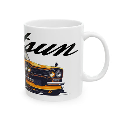 Right view of the 11oz White Coffee Mug with a Datsun 510 with the Datsun emblem placed behind the car. 