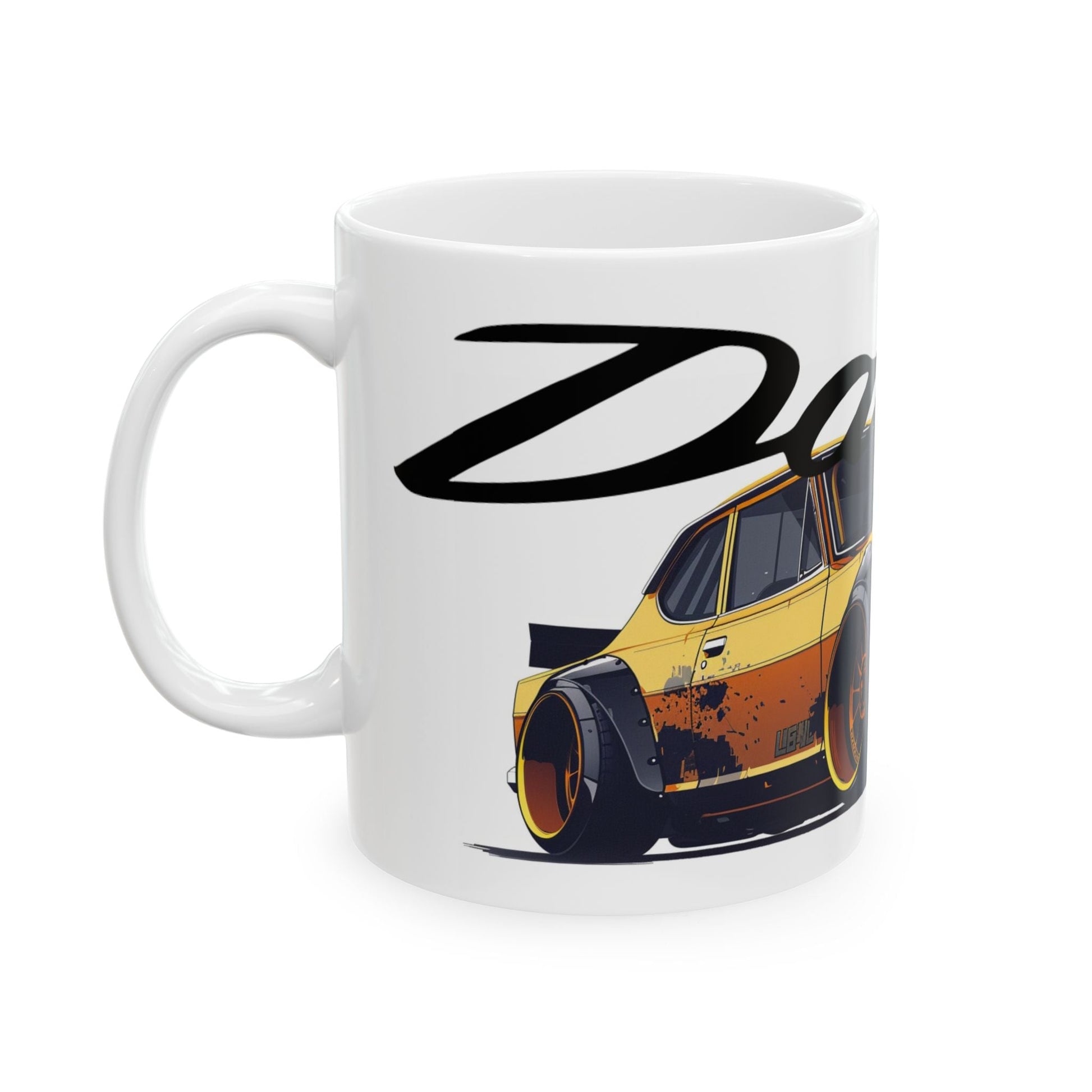 Left view of 11oz White Coffee Mug with a Datsun 510 with the Datsun emblem placed behind the car.  