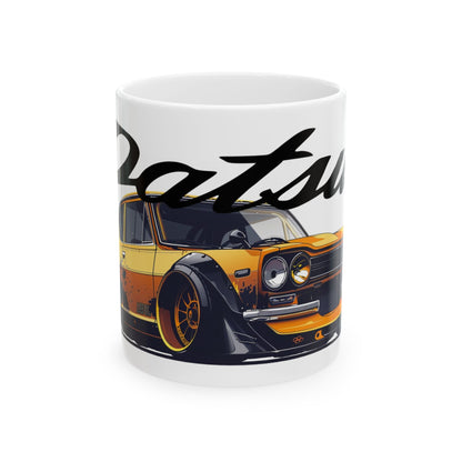 11oz White Coffee Mug with a Datsun 510 with the Datsun emblem placed behind the car. 