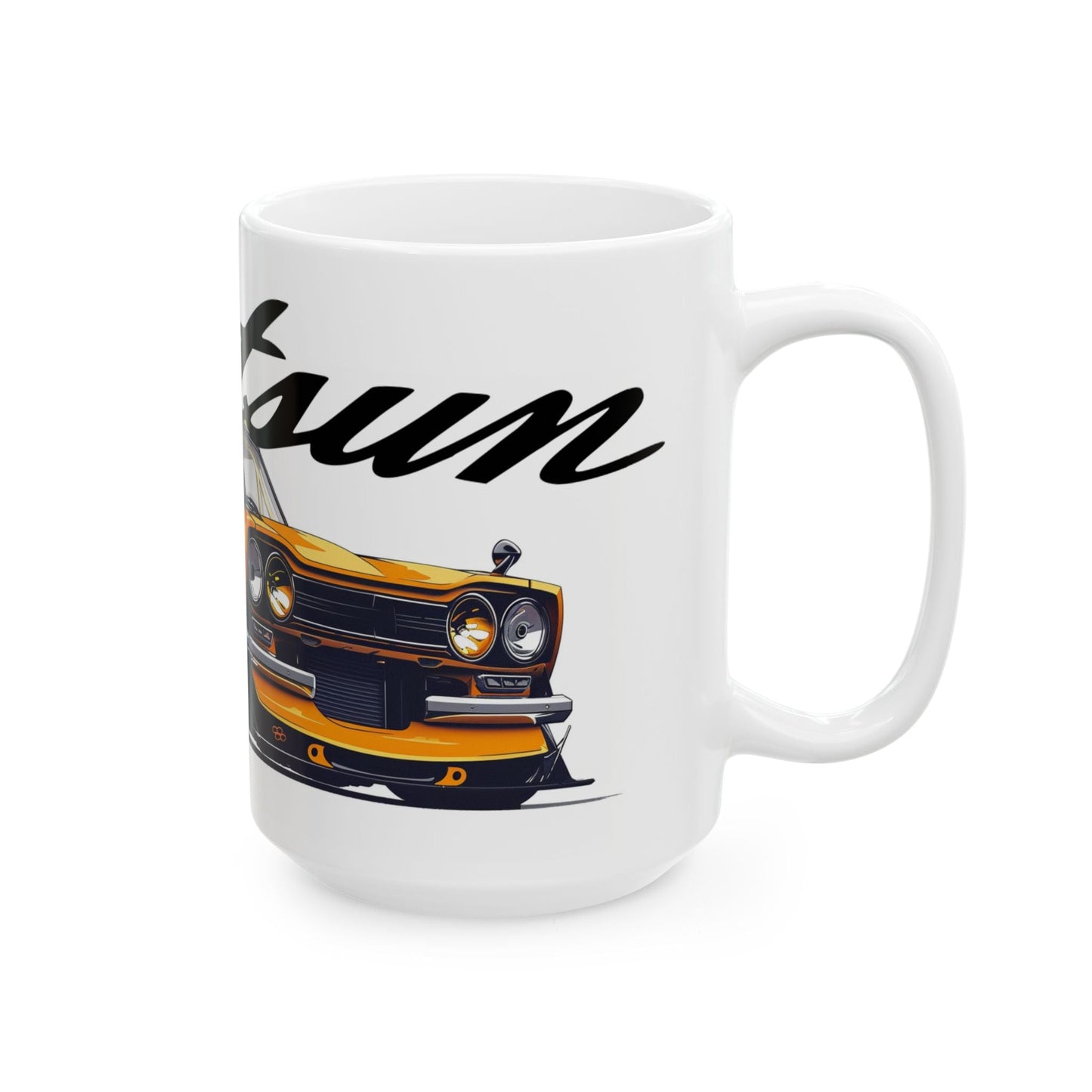 Right side view of the 15oz White Coffee Mug with a Datsun 510 with the Datsun emblem placed behind the car. 