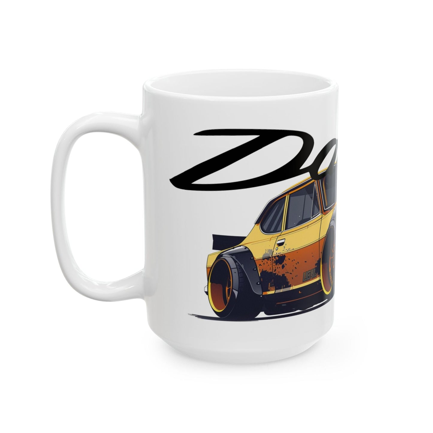 Left side view of the 15oz White Coffee Mug with a Datsun 510 with the Datsun emblem placed behind the car. 