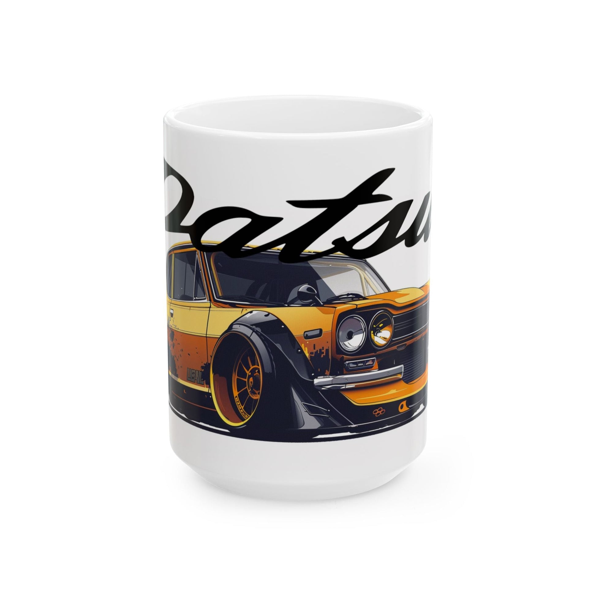 15oz White Coffee Mug with a Datsun 510 with the Datsun emblem placed behind the car.  