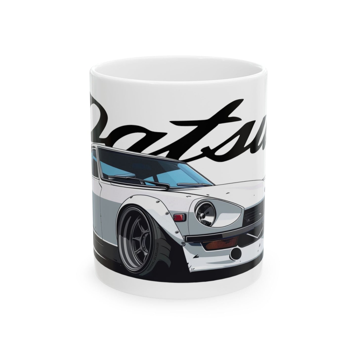 11oz White Coffee Mug with a Datsun 240z with the Datsun emblem placed behind the car. 