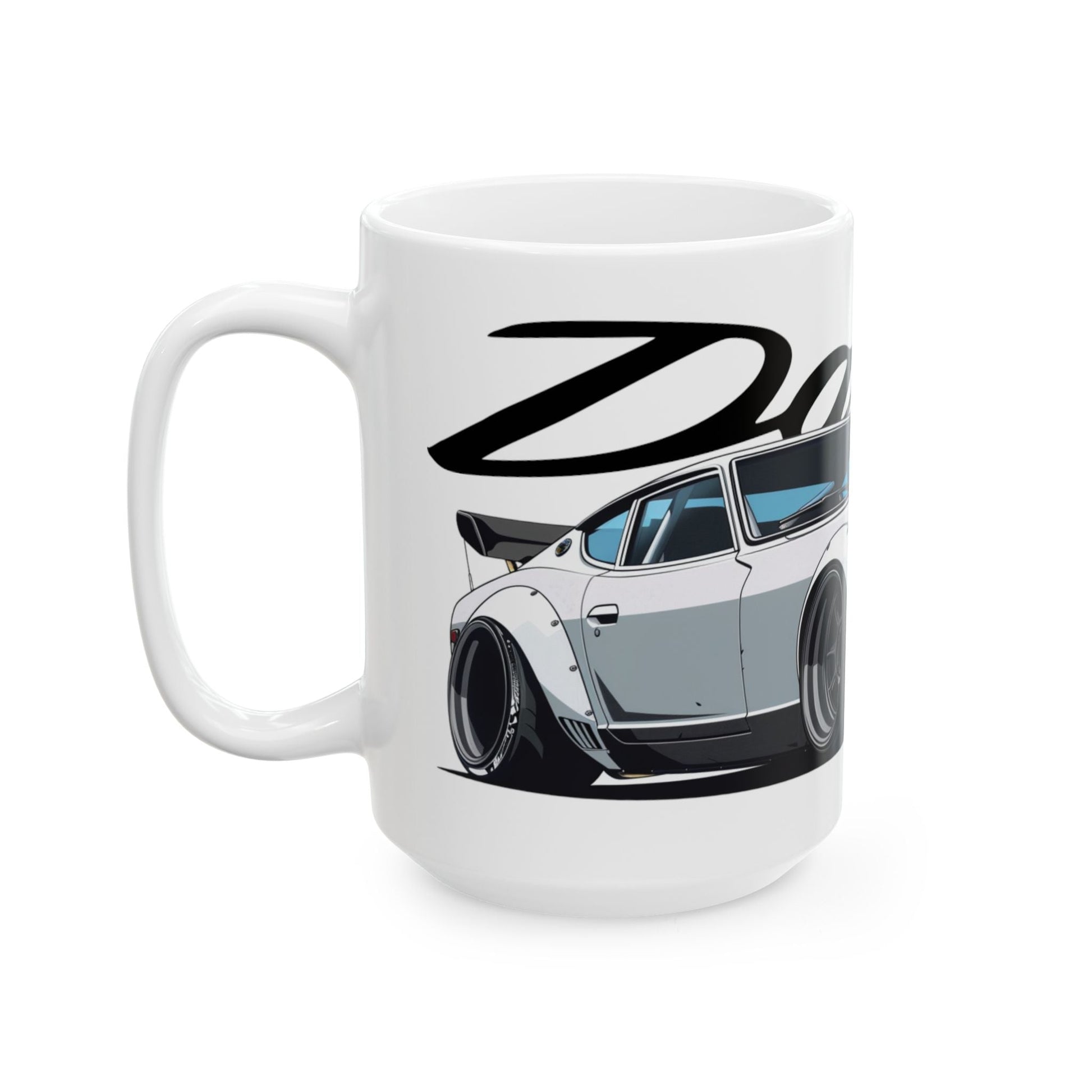 Left side view of the 15oz White Coffee Mug with a Datsun 240z with the Datsun emblem placed behind the car. 