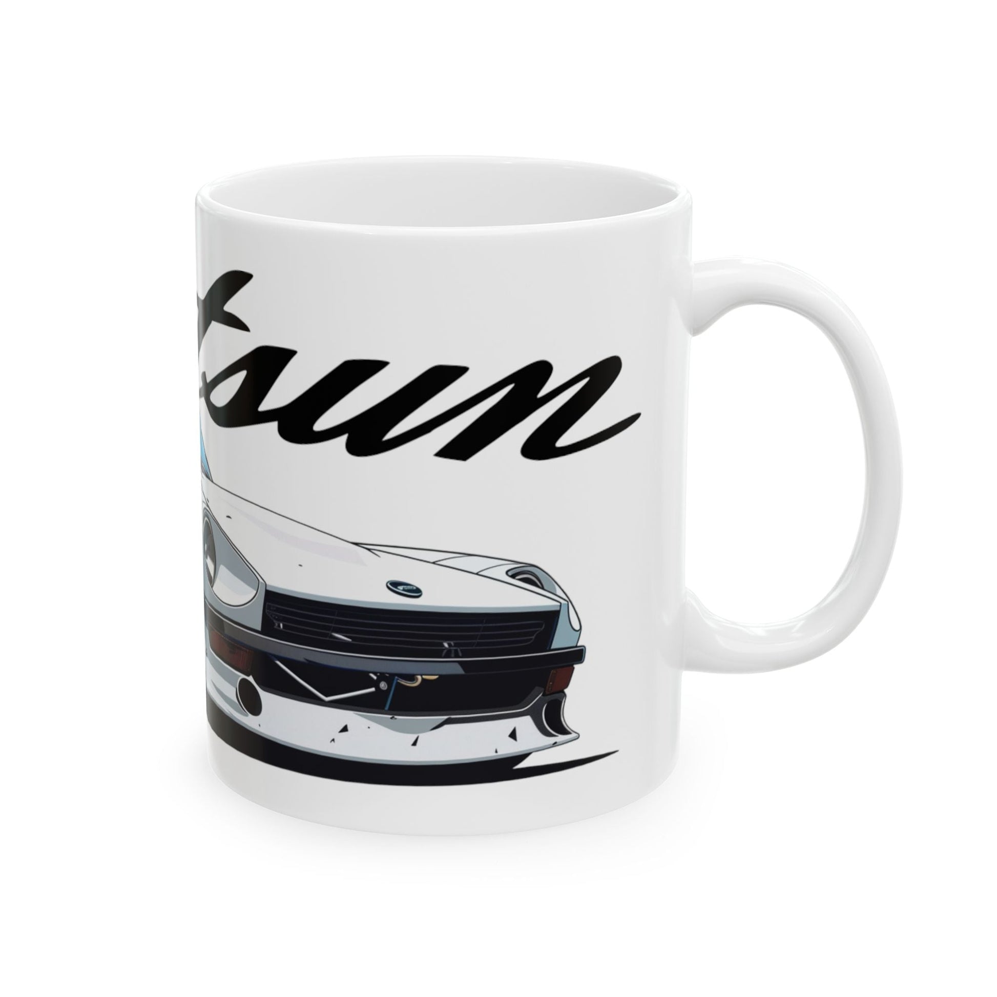 Right view of the 11oz White Coffee Mug with a Datsun 240z with the Datsun emblem placed behind the car. 