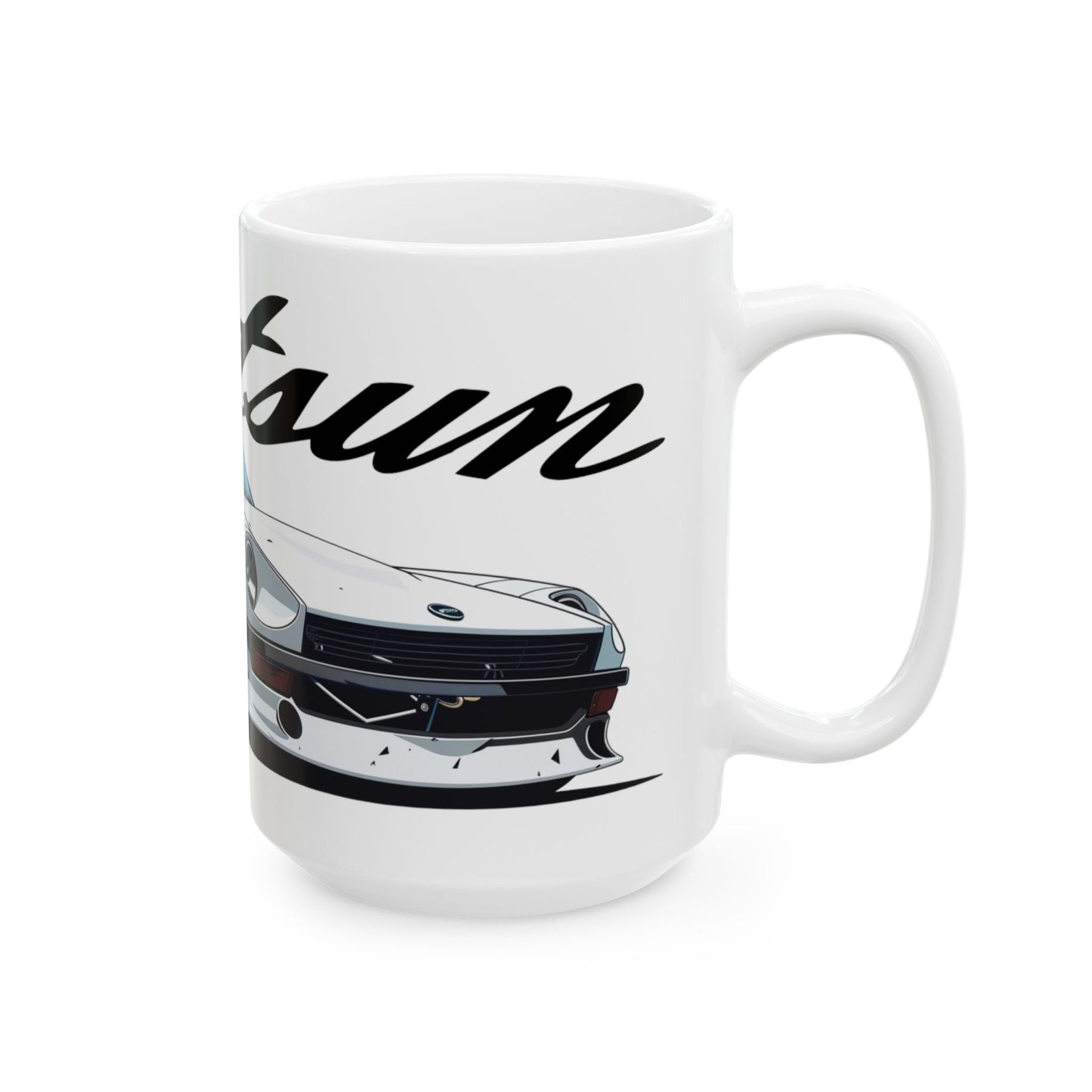 Right side view of the 15oz White Coffee Mug with a Datsun 240z with the Datsun emblem placed behind the car. 