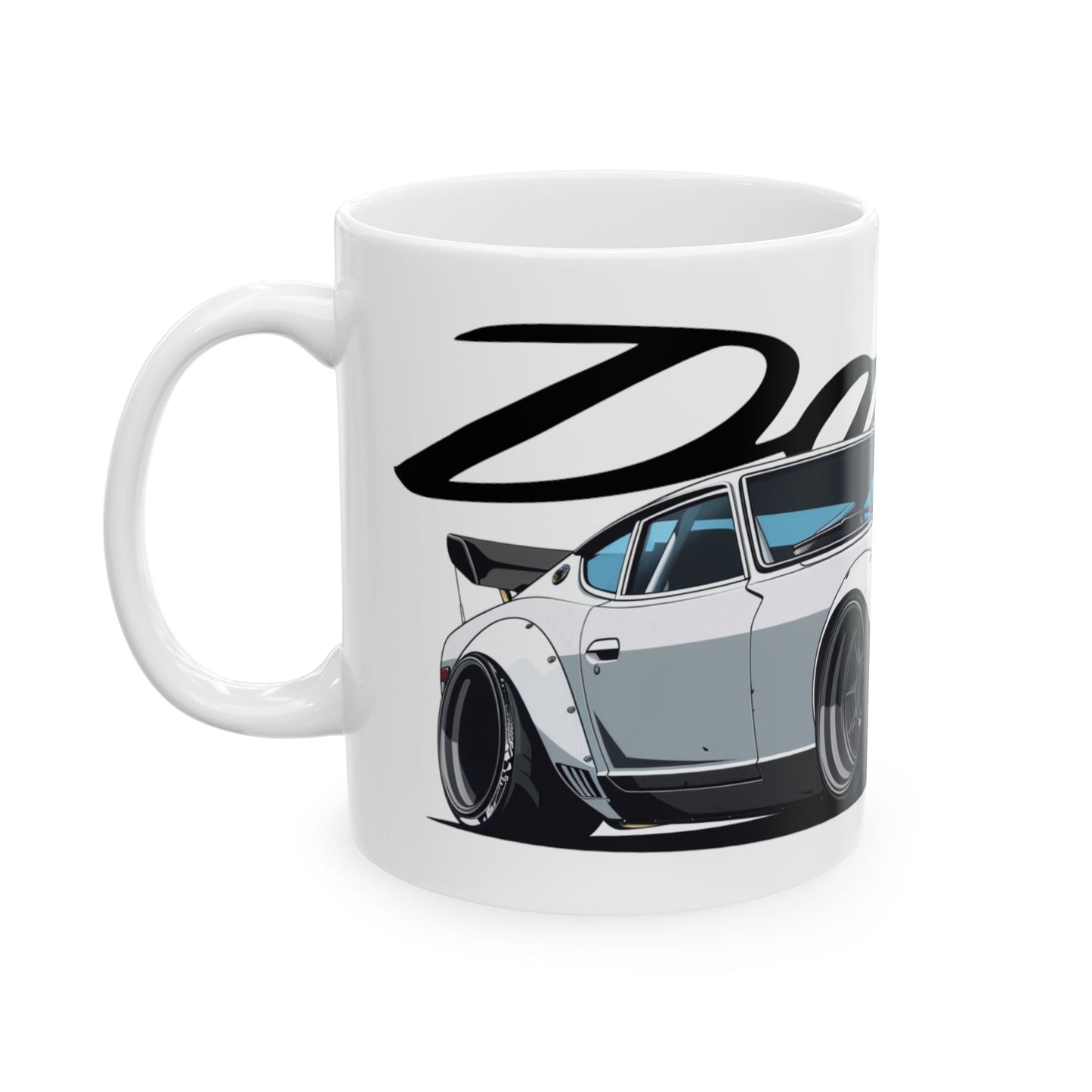 Left view of 11oz White Coffee Mug with a Datsun 240z with the Datsun emblem placed behind the car.  