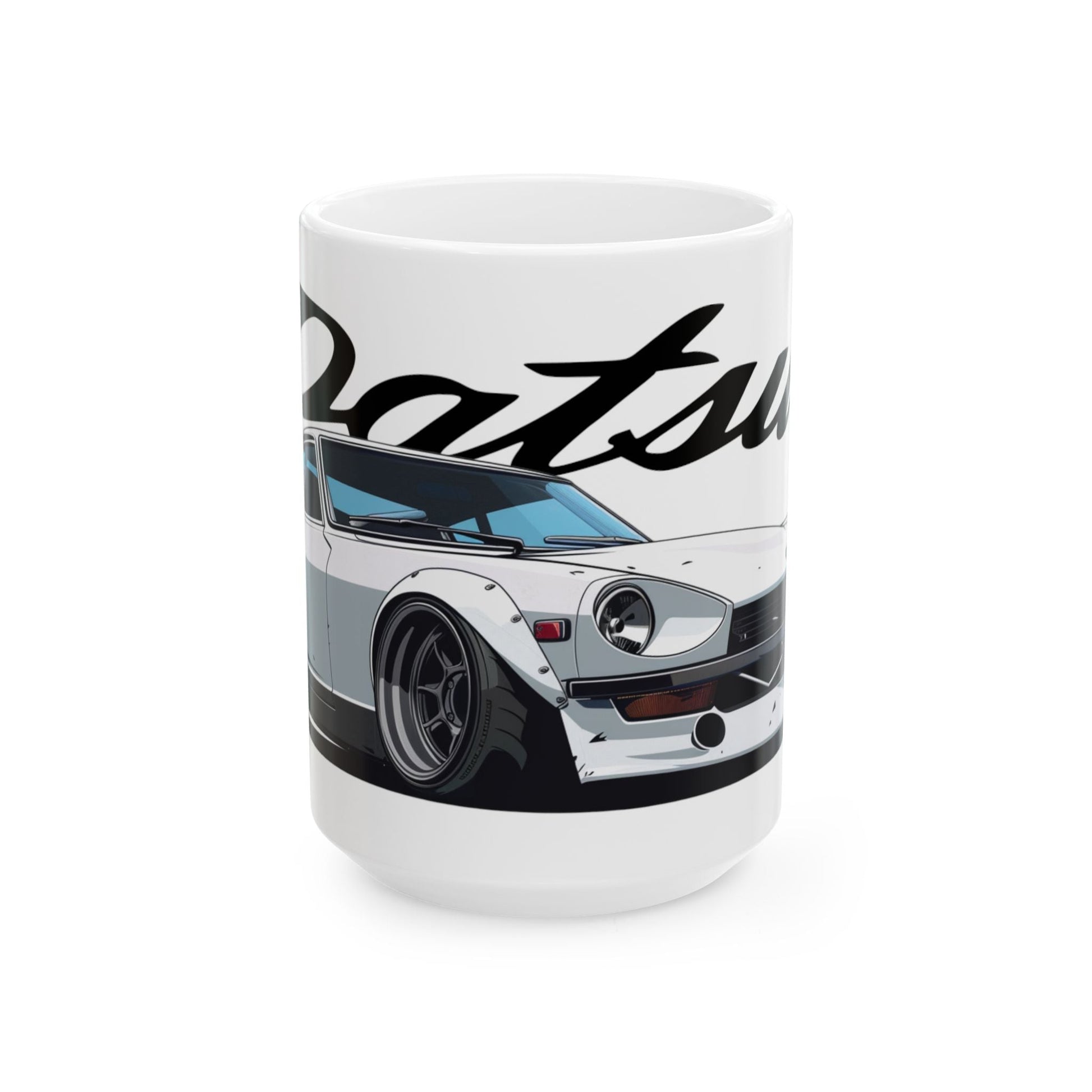 15oz White Coffee Mug with a Datsun 240z with the Datsun emblem placed behind the car.   