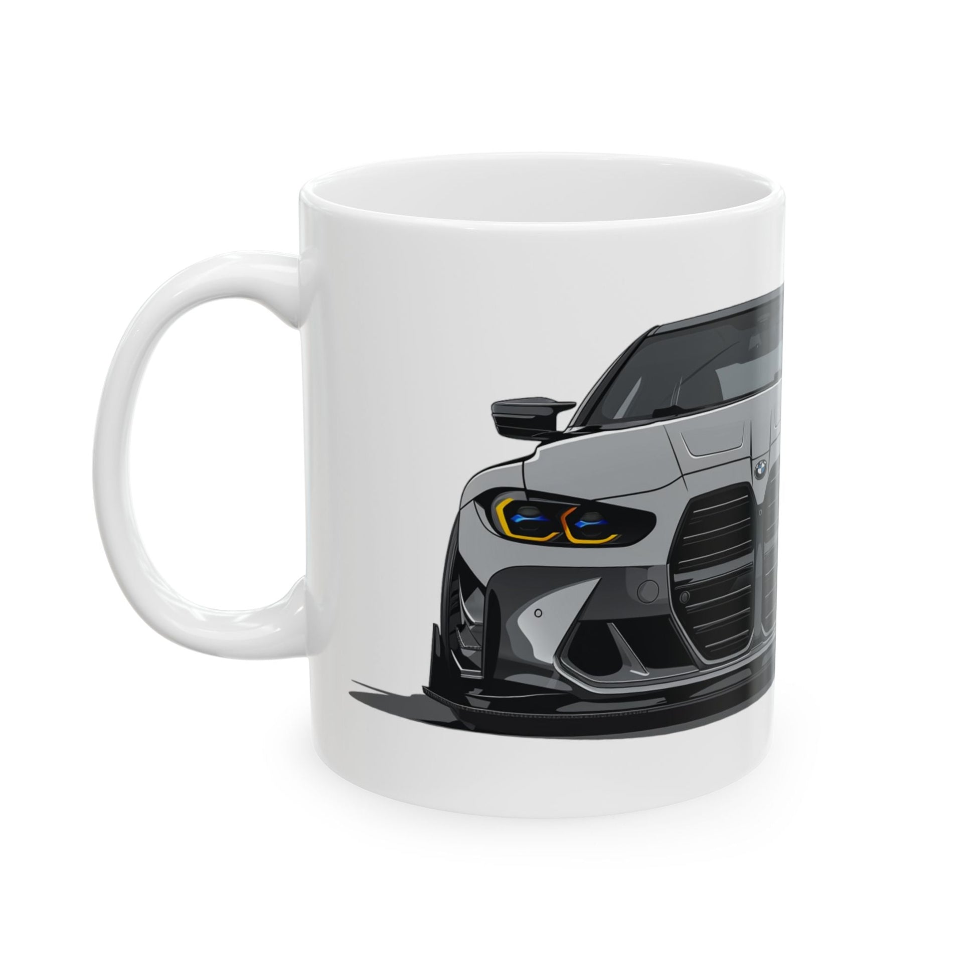 Left view of 11oz White Coffee Mug with a Grey BMW M4 GTS with the M emblem placed behind the car.    