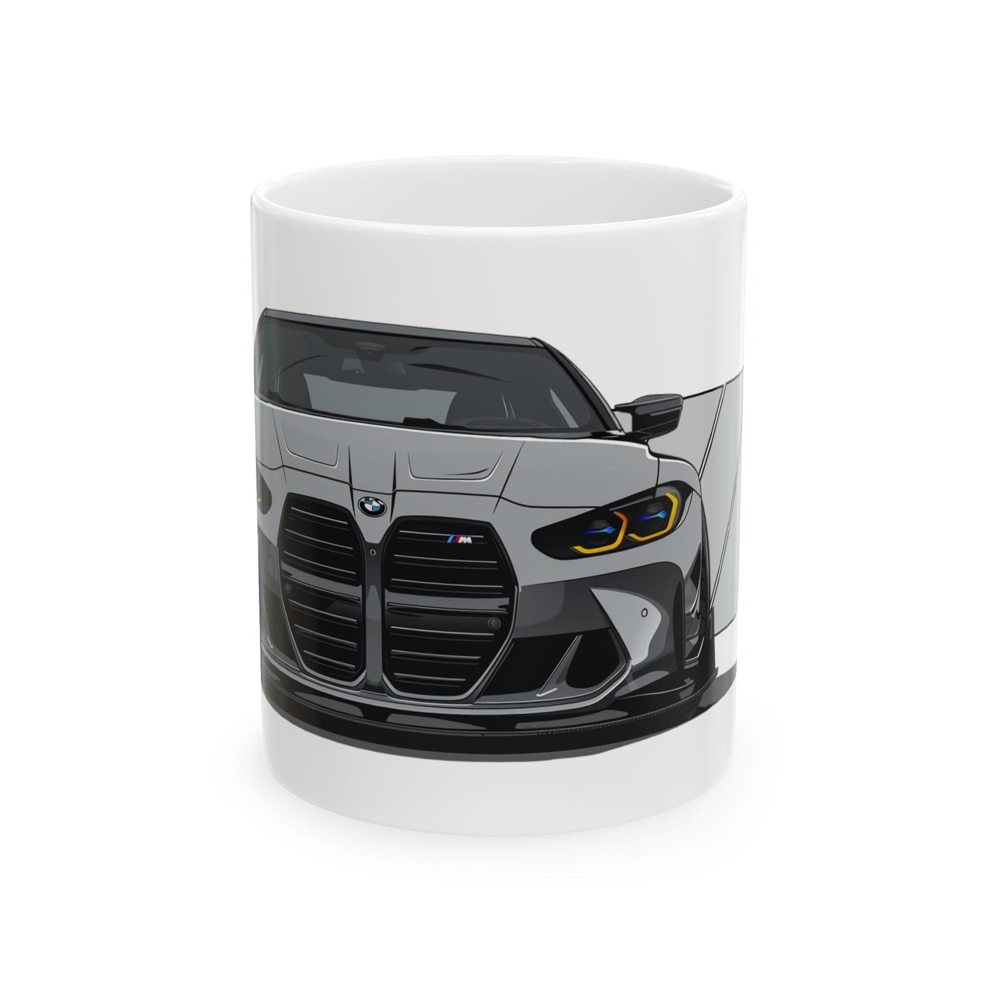 11oz White Coffee Mug with a Grey BMW M4 GTS with the M emblem placed behind the car. 