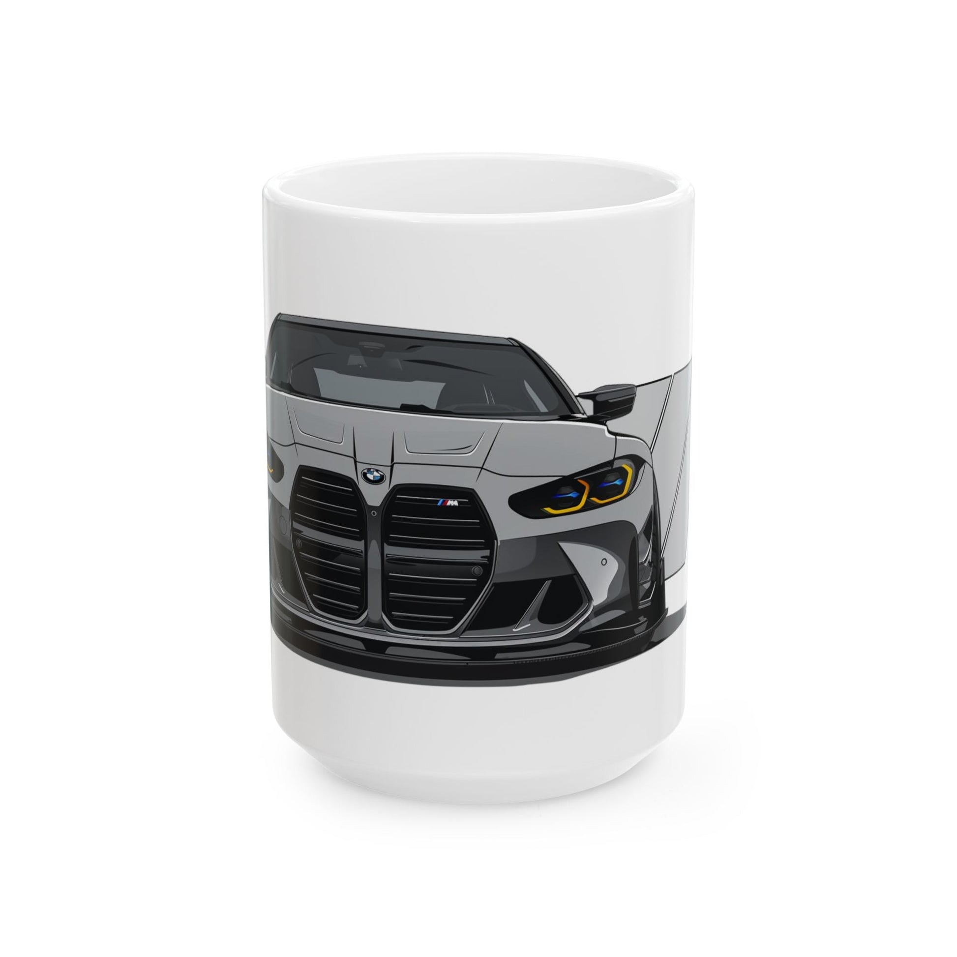 15oz White Coffee Mug with a Grey BMW M4 GTS with the M emblem placed behind the car.   