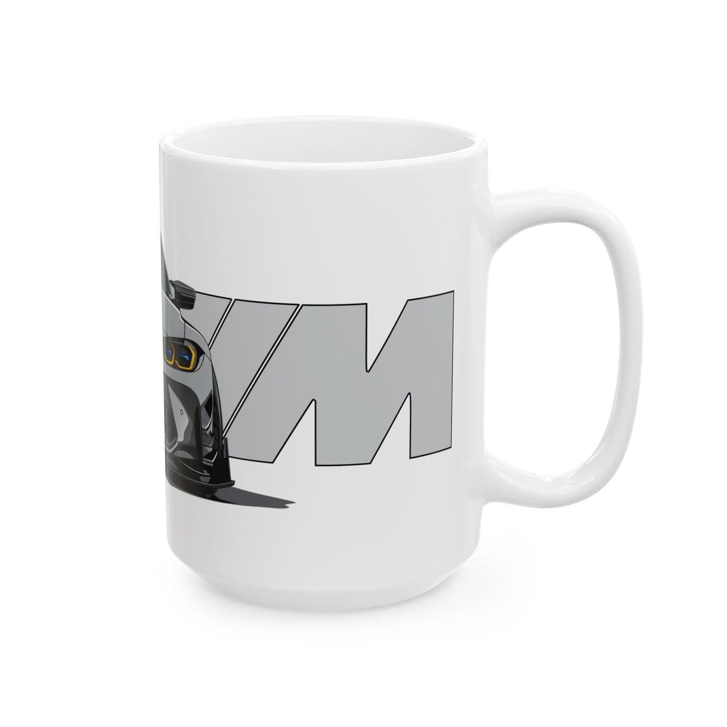 Right side view of the 15oz White Coffee Mug with a Grey BMW M4 GTS with the M emblem placed behind the car.  