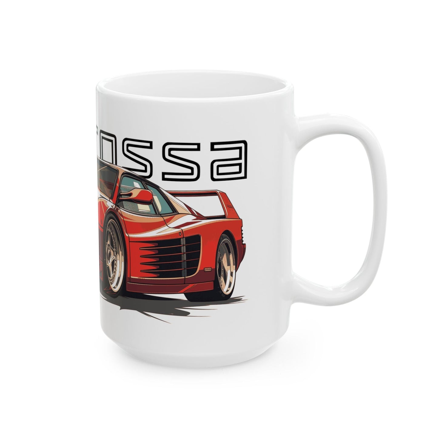 Right side view of the 15oz White Coffee Mug with a Ferrari Testtarossa with the testarossa emblem placed behind the car. 