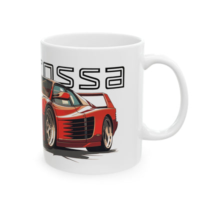 Right view of the 11oz White Coffee Mug with a Ferrari Testtarossa with the testarossa emblem placed behind the car. 