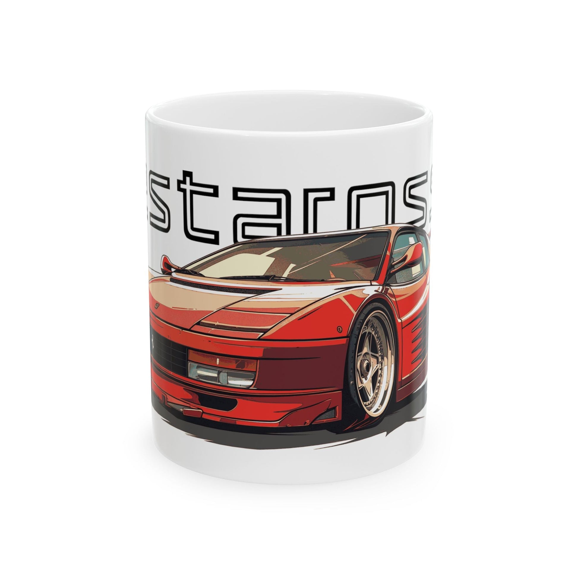 11oz White Coffee Mug with a Ferrari Testtarossa with the testarossa emblem placed behind the car. 