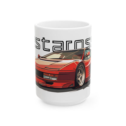 15oz White Coffee Mug with a Ferrari Testtarossa with the testarossa emblem placed behind the car.   