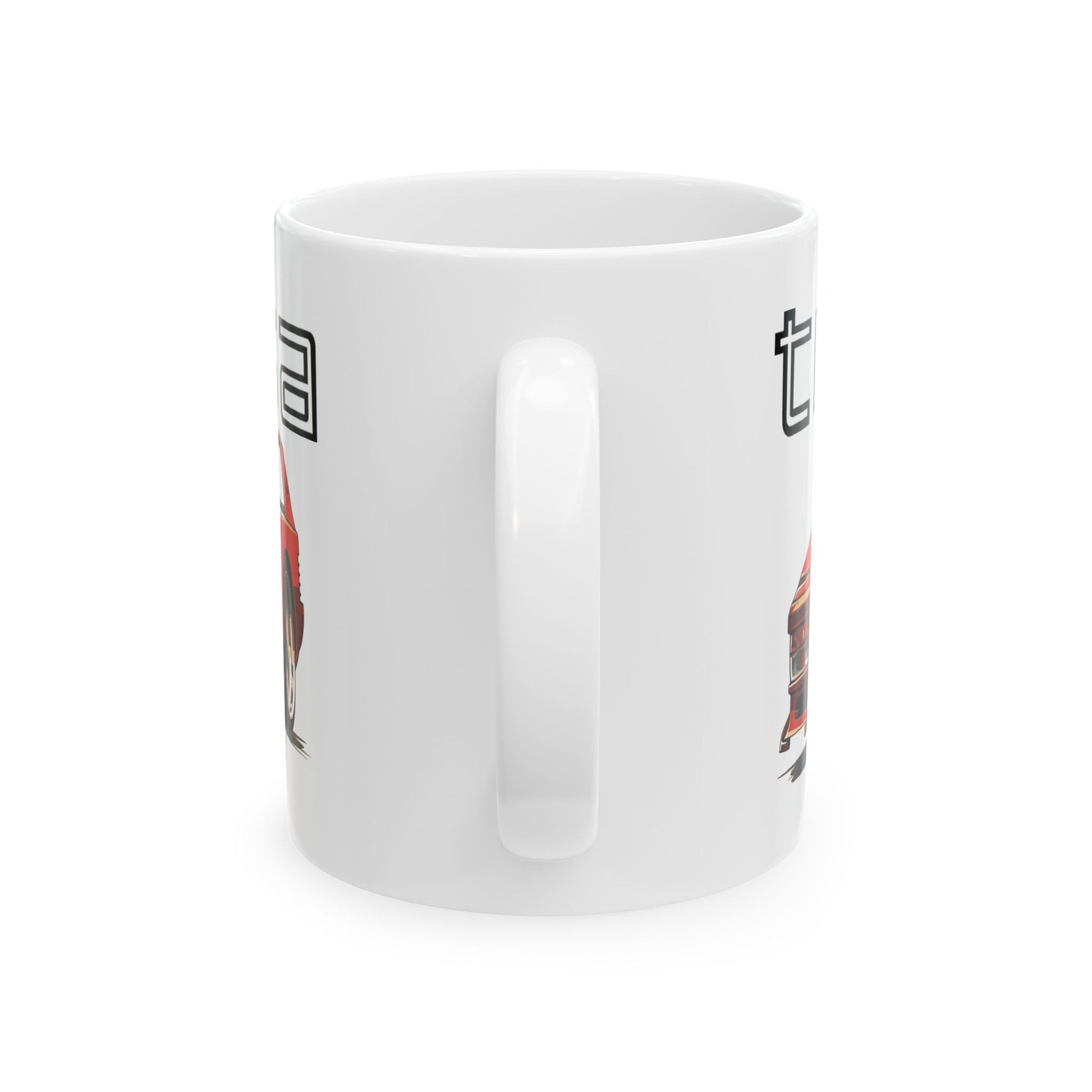 Mug handle view of 11oz White Coffee Mug with a Ferrari Testtarossa with the testarossa emblem placed behind the car. 