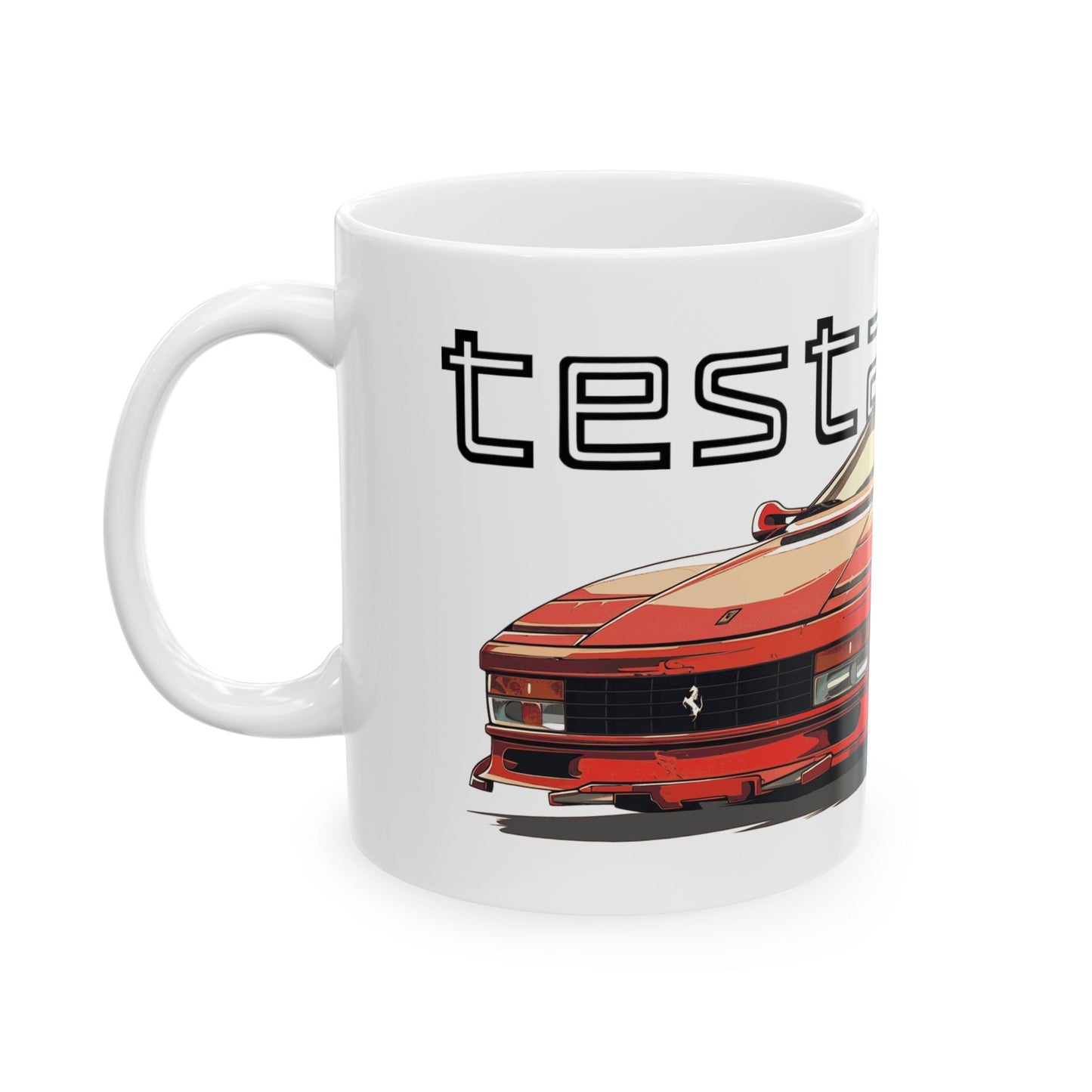 Left view of 11oz White Coffee Mug with a Ferrari Testtarossa with the testarossa emblem placed behind the car.  