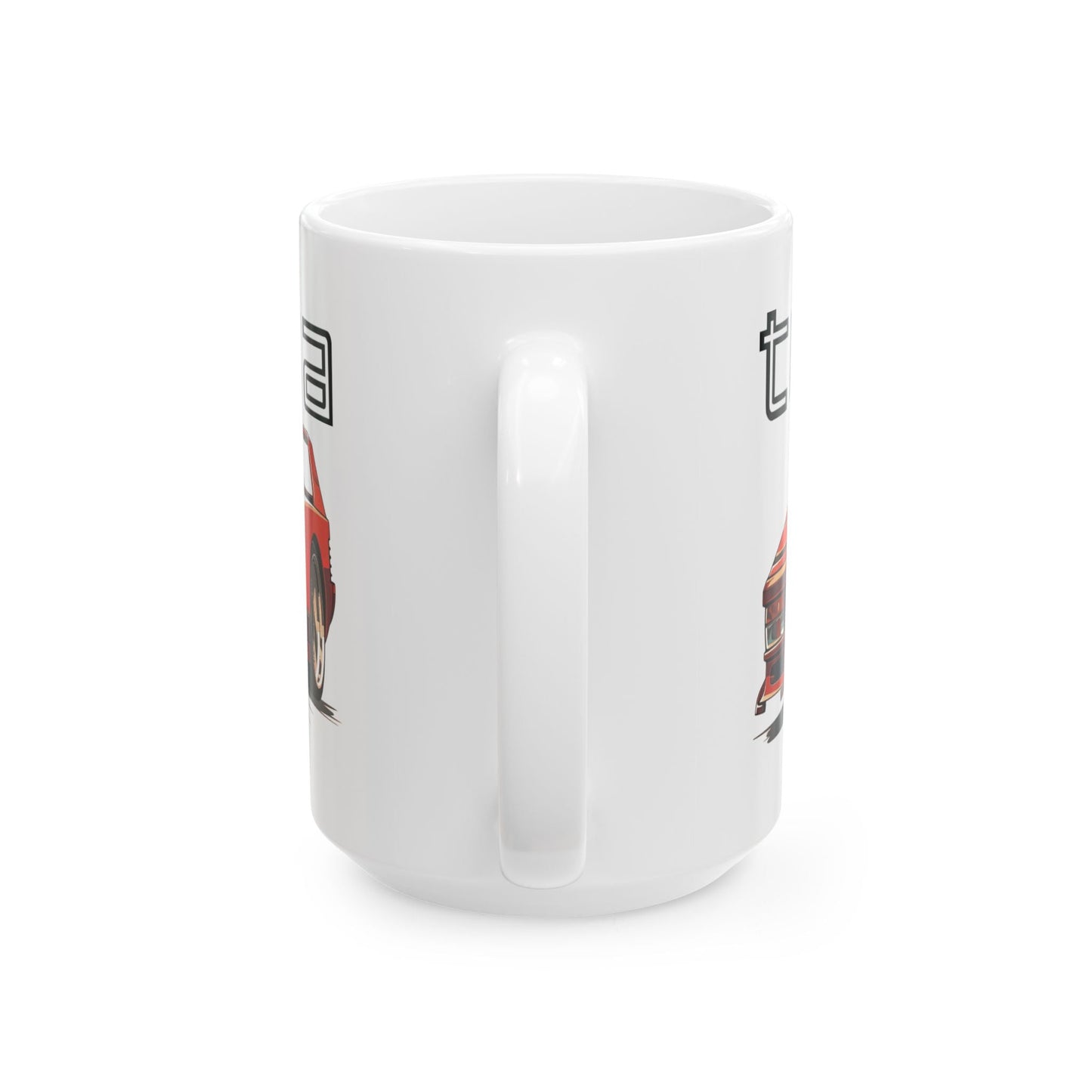 Mug handle view of 15oz White Coffee Mug with a Ferrari Testtarossa with the testarossa emblem placed behind the car. 