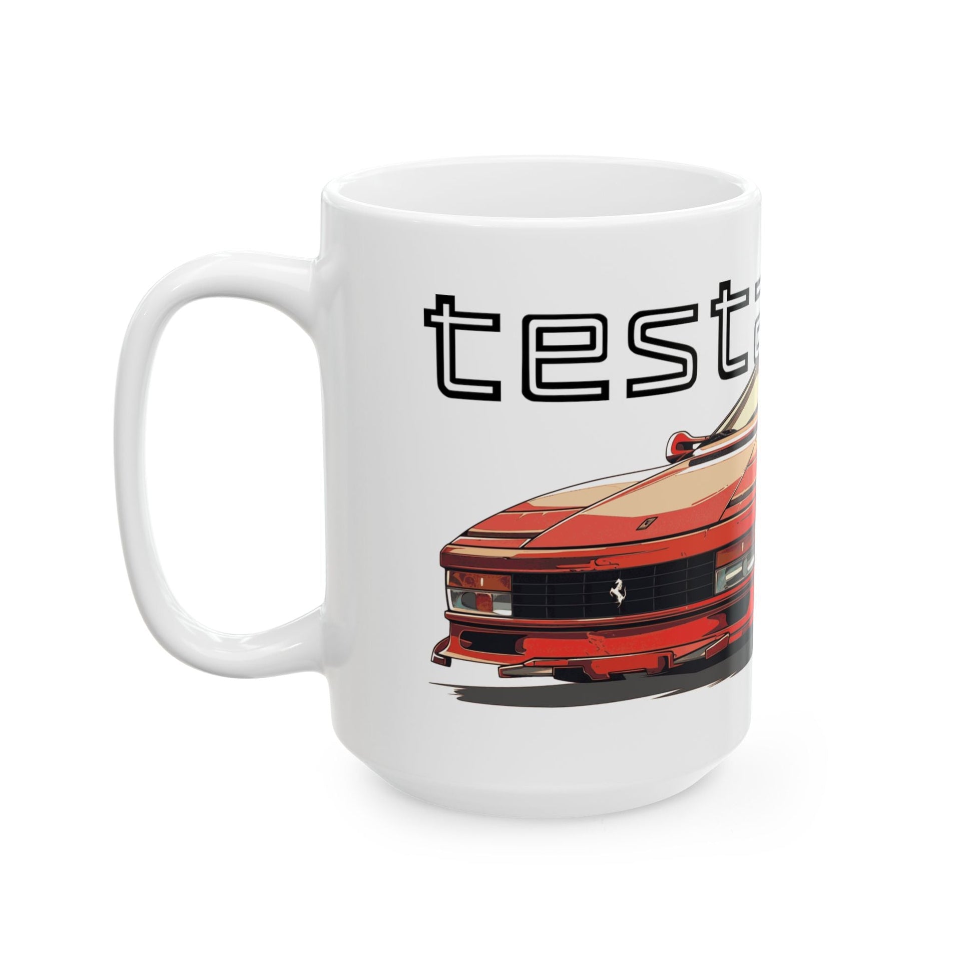 Left side view of the 15oz White Coffee Mug with a Ferrari Testtarossa with the testarossa emblem placed behind the car. 