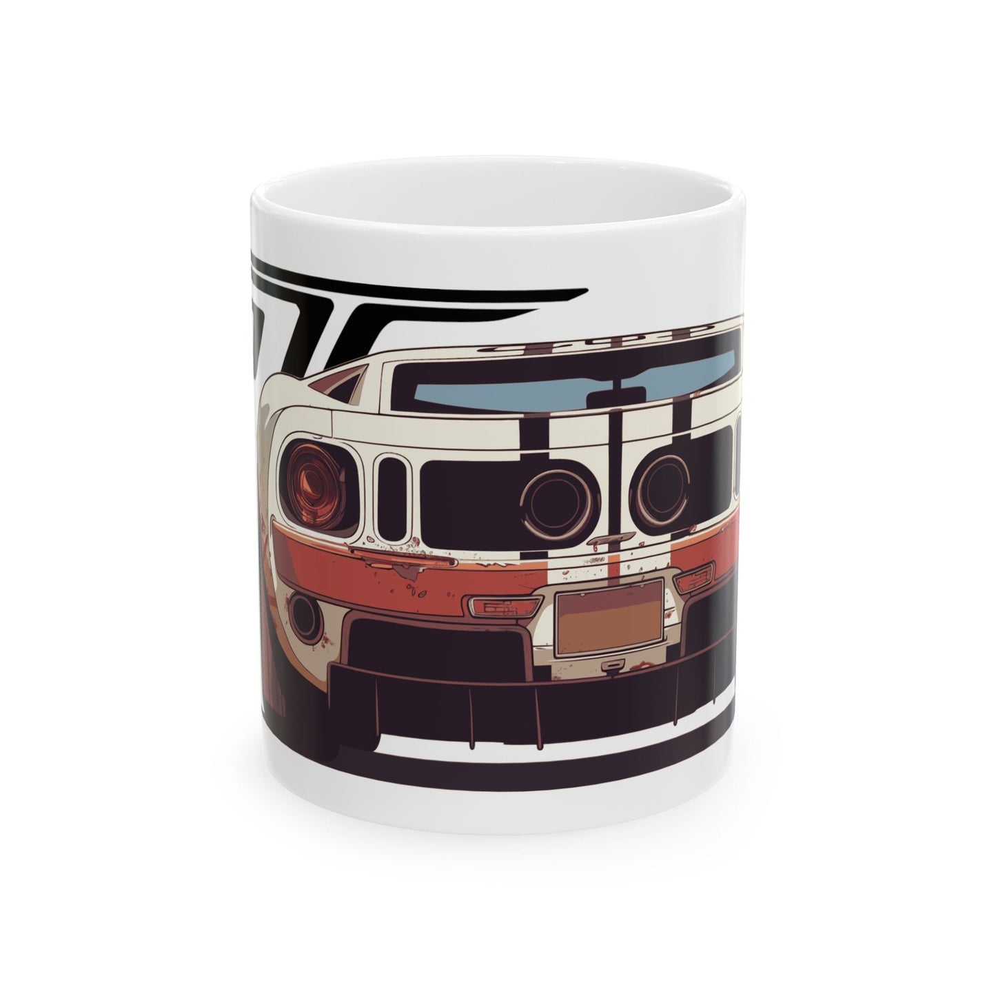 11oz White Coffee Mug with a Ford GT with the GT emblem placed behind the car. 