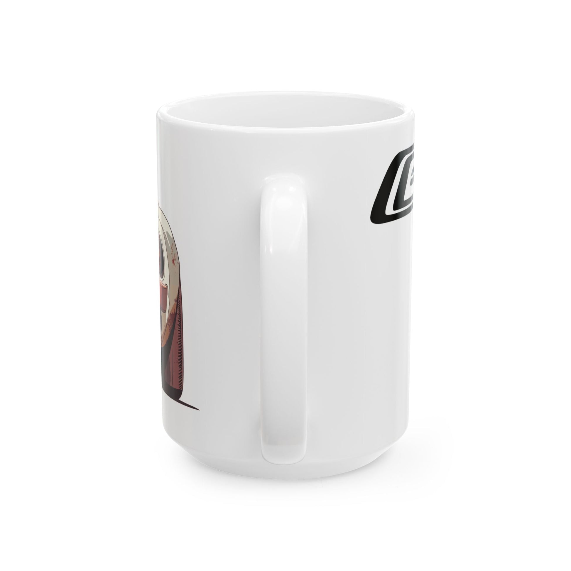 Mug handle view of 15oz White Coffee Mug with a Ford GT with the GT emblem placed behind the car. 