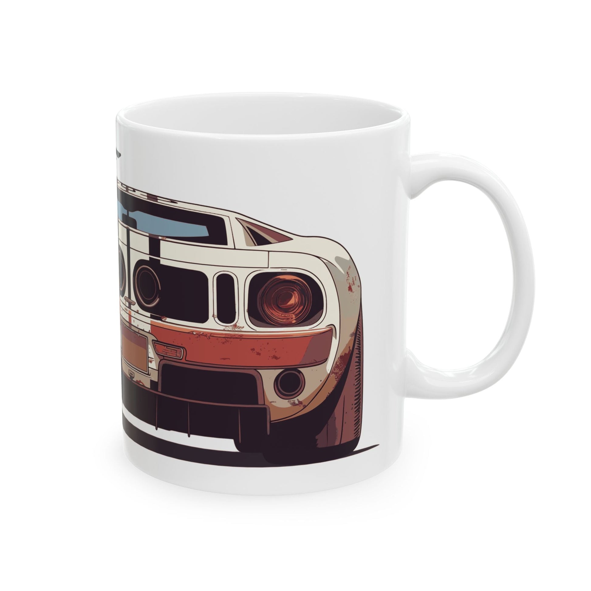 Right view of the 11oz White Coffee Mug with a Ford GT with the GT emblem placed behind the car. 