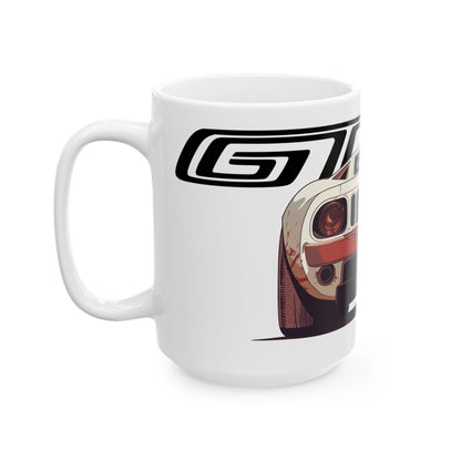 Left side view of the 15oz White Coffee Mug with a Ford GT with the GT emblem placed behind the car. 