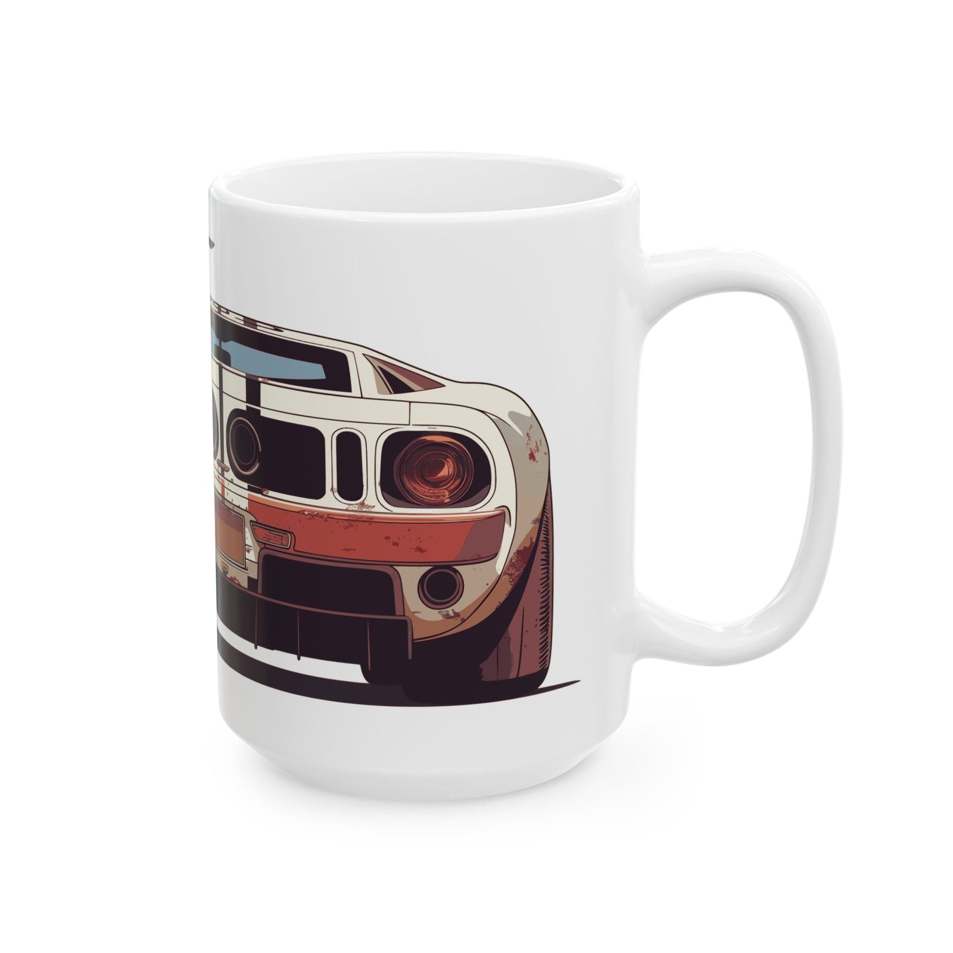 Right side view of the 15oz White Coffee Mug with a Ford GT with the GT emblem placed behind the car. 