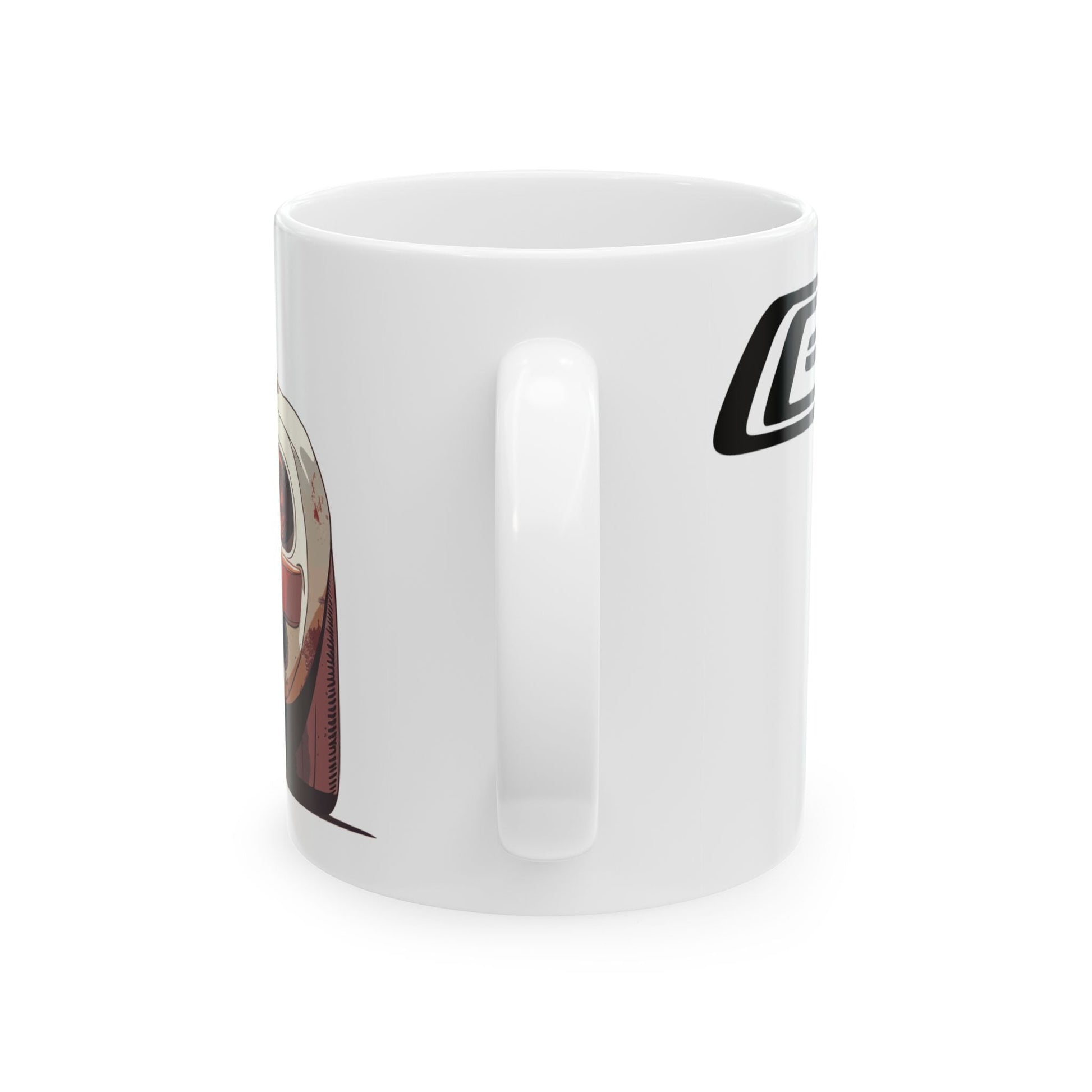 Mug handle view of 11oz White Coffee Mug with a Ford GT with the GT emblem placed behind the car. 