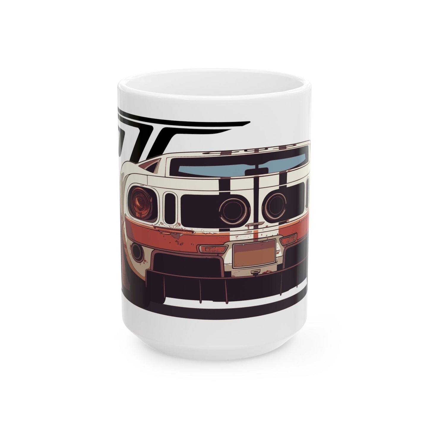 15oz White Coffee Mug with a Ford GT with the GT emblem placed behind the car.   