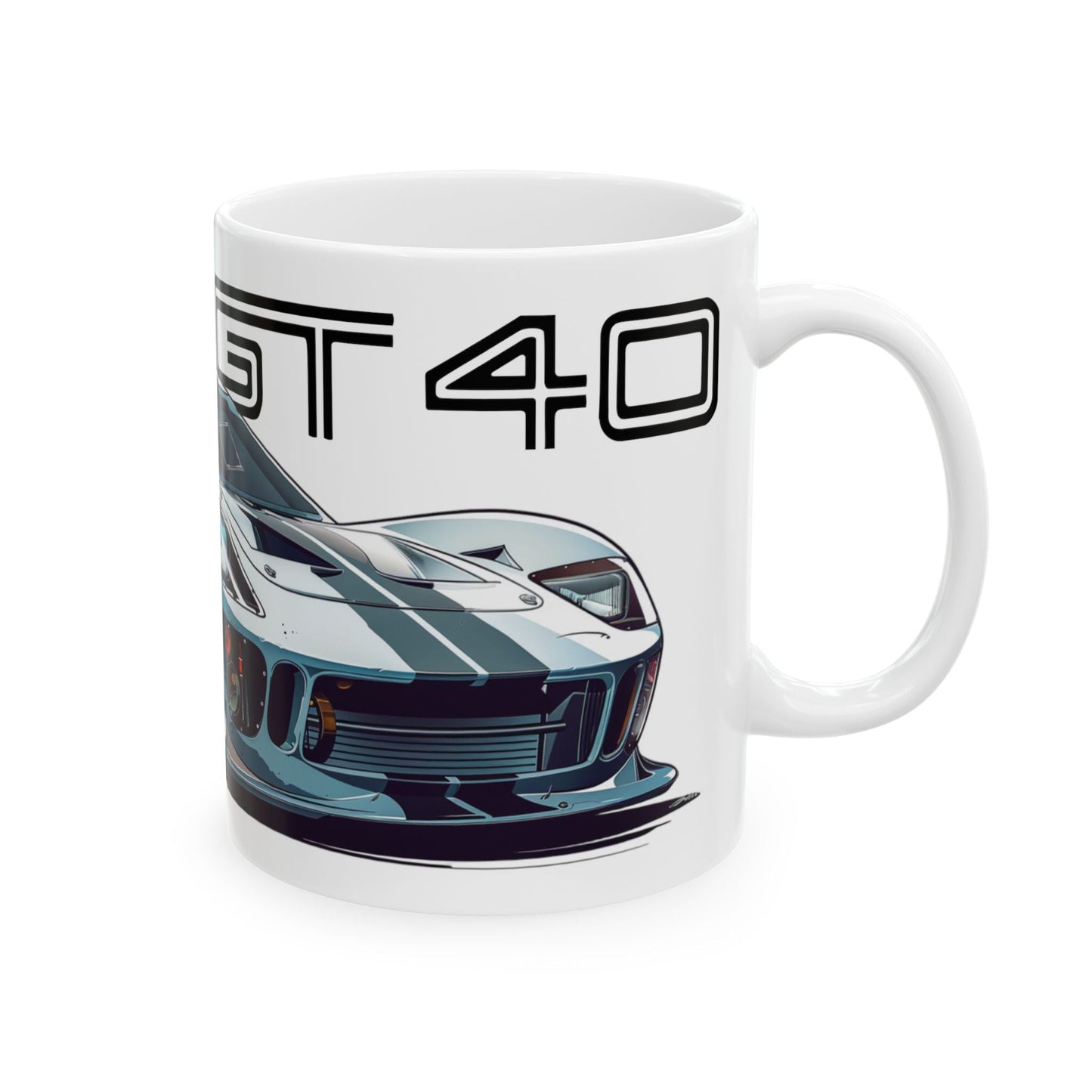 Right view of the 11oz White Coffee Mug with a Ford GT 40 with the GT 40 emblem placed behind the car. 