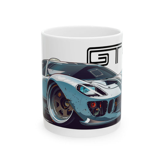 11oz White Coffee Mug with a Ford GT 40 with the GT 40 emblem placed behind the car. 