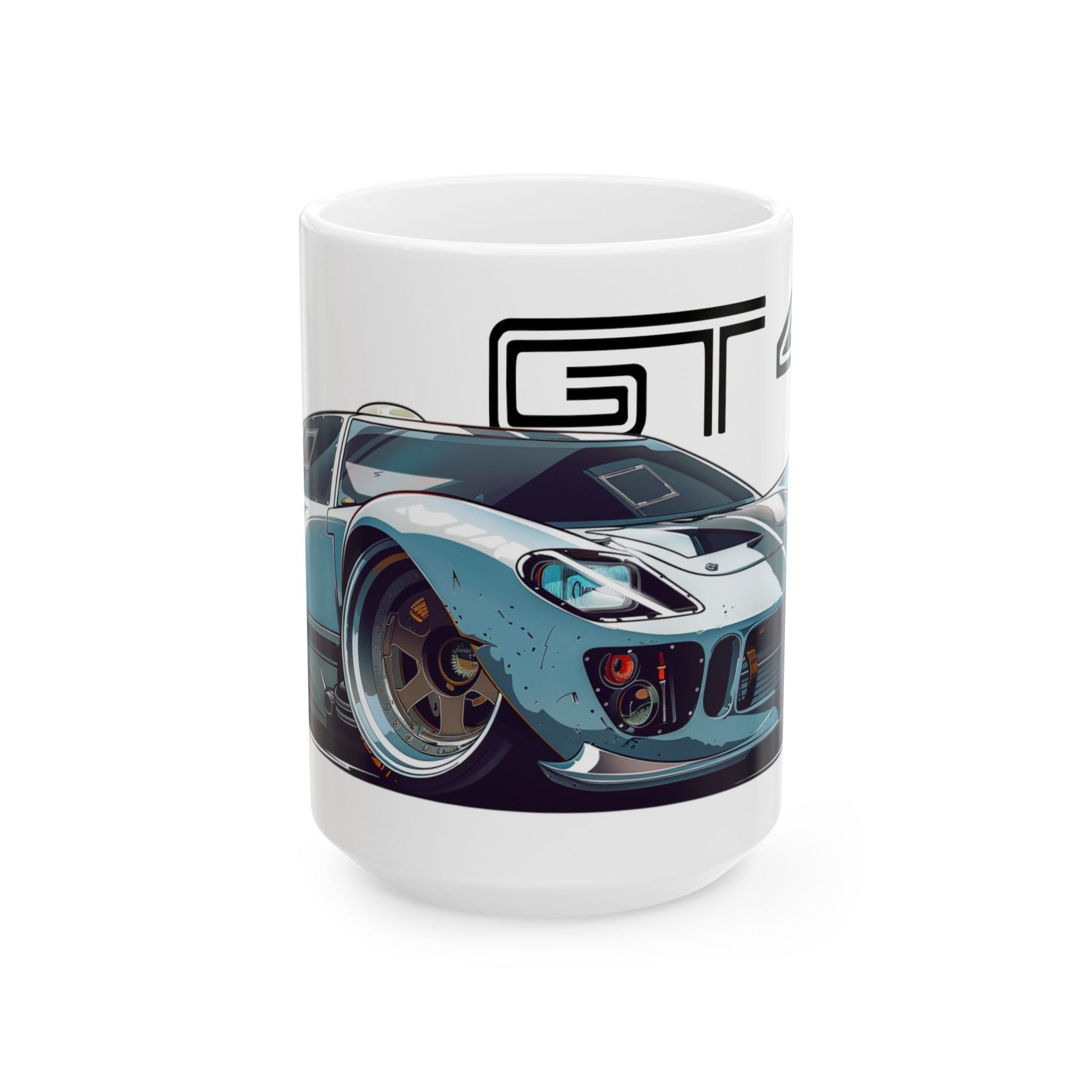 15oz White Coffee Mug with a Ford GT 40 with the GT 40 emblem placed behind the car.   