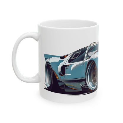 Left view of 11oz White Coffee Mug with a Ford GT 40 with the GT 40 emblem placed behind the car.  