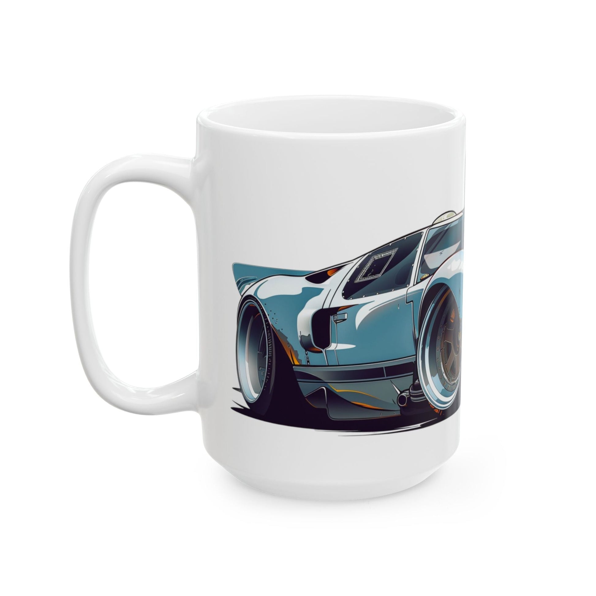 Left side view of the 15oz White Coffee Mug with a Ford GT 40 with the GT 40 emblem placed behind the car. 