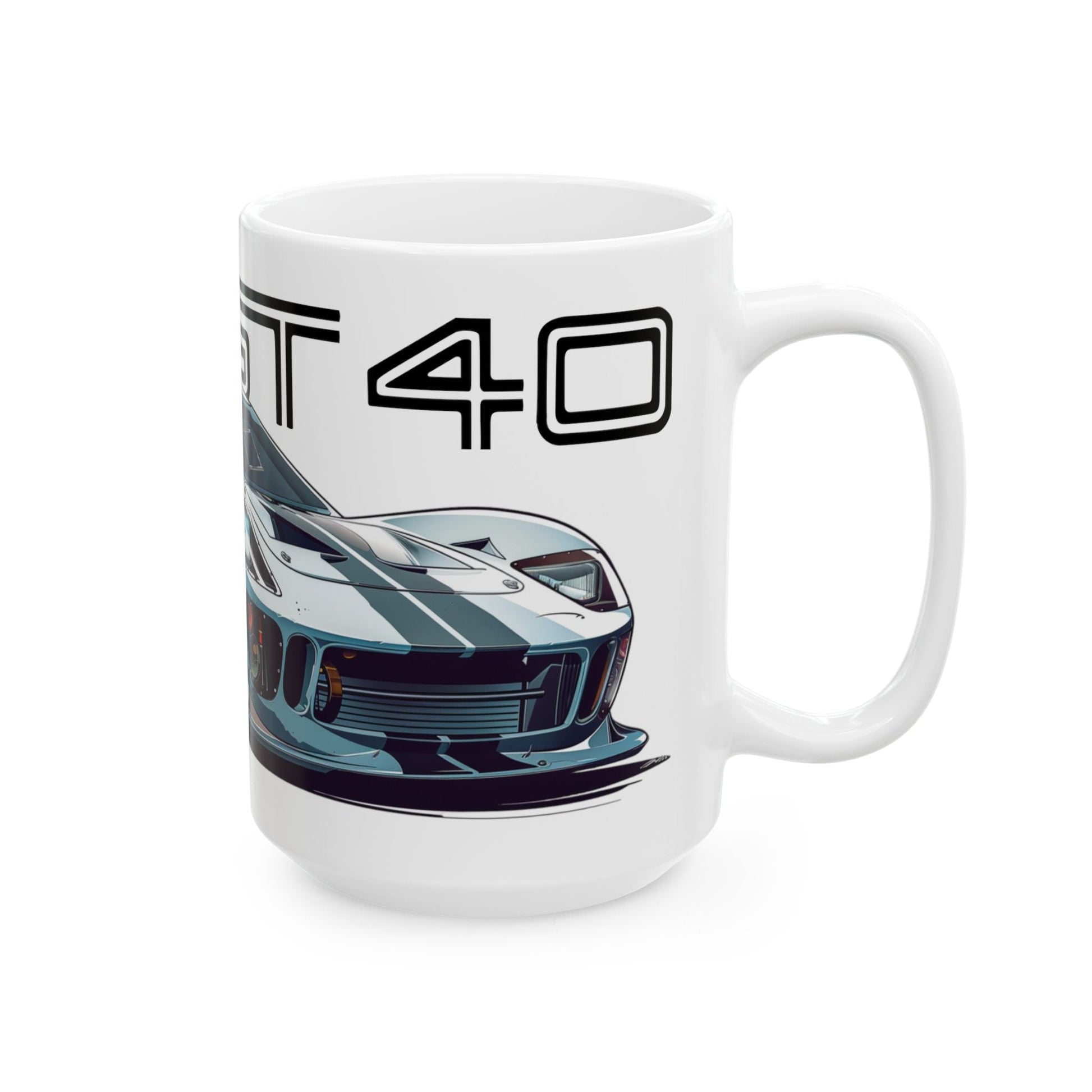 Right side view of the 15oz White Coffee Mug with a Ford GT 40 with the GT 40 emblem placed behind the car. 