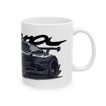 Right view of the 11oz White Coffee Mug with a 4th Generation Toyota Supra with the Supra emblem placed behind the car. 