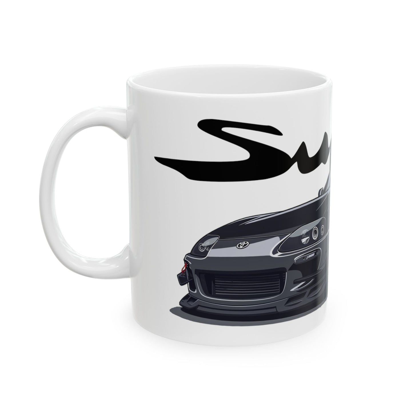 Left view of 11oz White Coffee Mug with a 4th Generation Toyota Supra with the Supra emblem placed behind the car.  